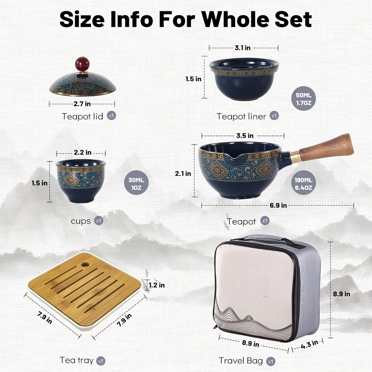 Porcelain Chinese Kung Fu Tea Set, portable teapot set, equipped with a 360-degree rotating tea set and tea strainer, comes with a portable integrated gift bag, suitable for travel, home use, gift giving, outdoor activities, and office use