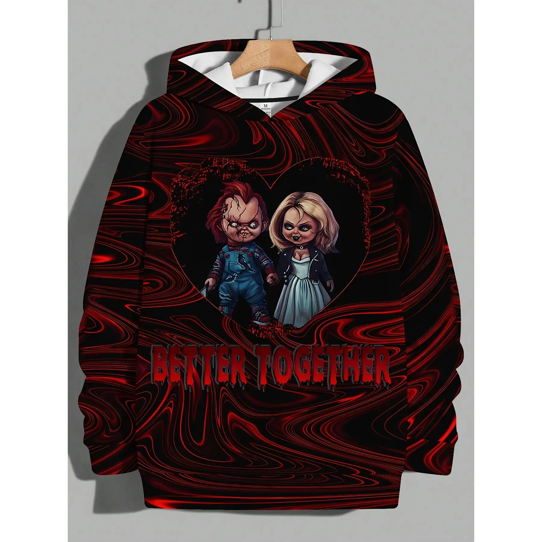 Men's Polyester Pullover Sweatshirt - 3D Digital Print Horror-Themed Hoodie with Drawstring, Kangaroo Pocket, Durable Fabric, Autumn-Winter Casual Street Menswear Garment, Halloween Outfit for Fans