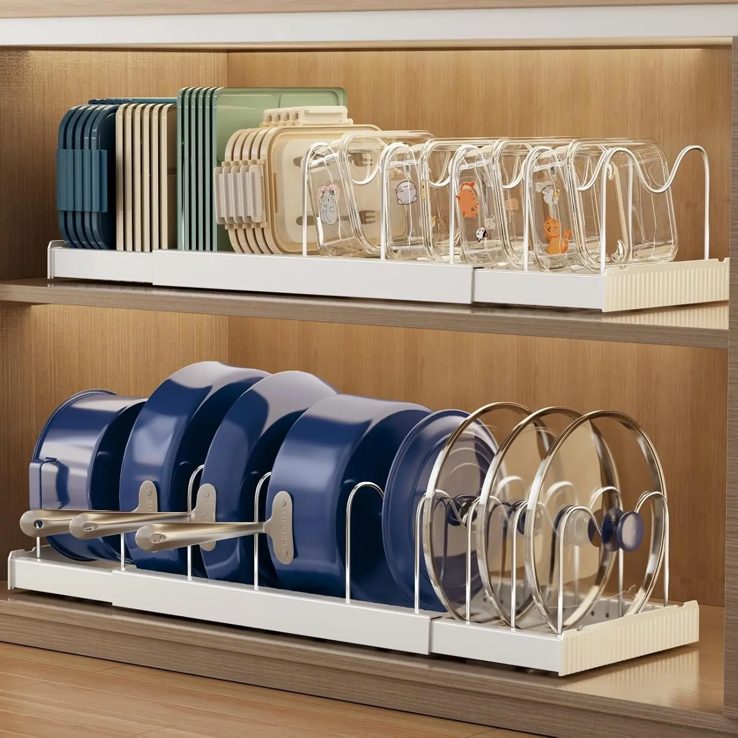 Kitchen Stainless Hollow Food Storage & Utensil Organizer Set - 2-Pack Expandable Lid Holders, 22" Under-Cabinet Pot/Pan Rack with 9 Adjustable Dividers (White), Utensils