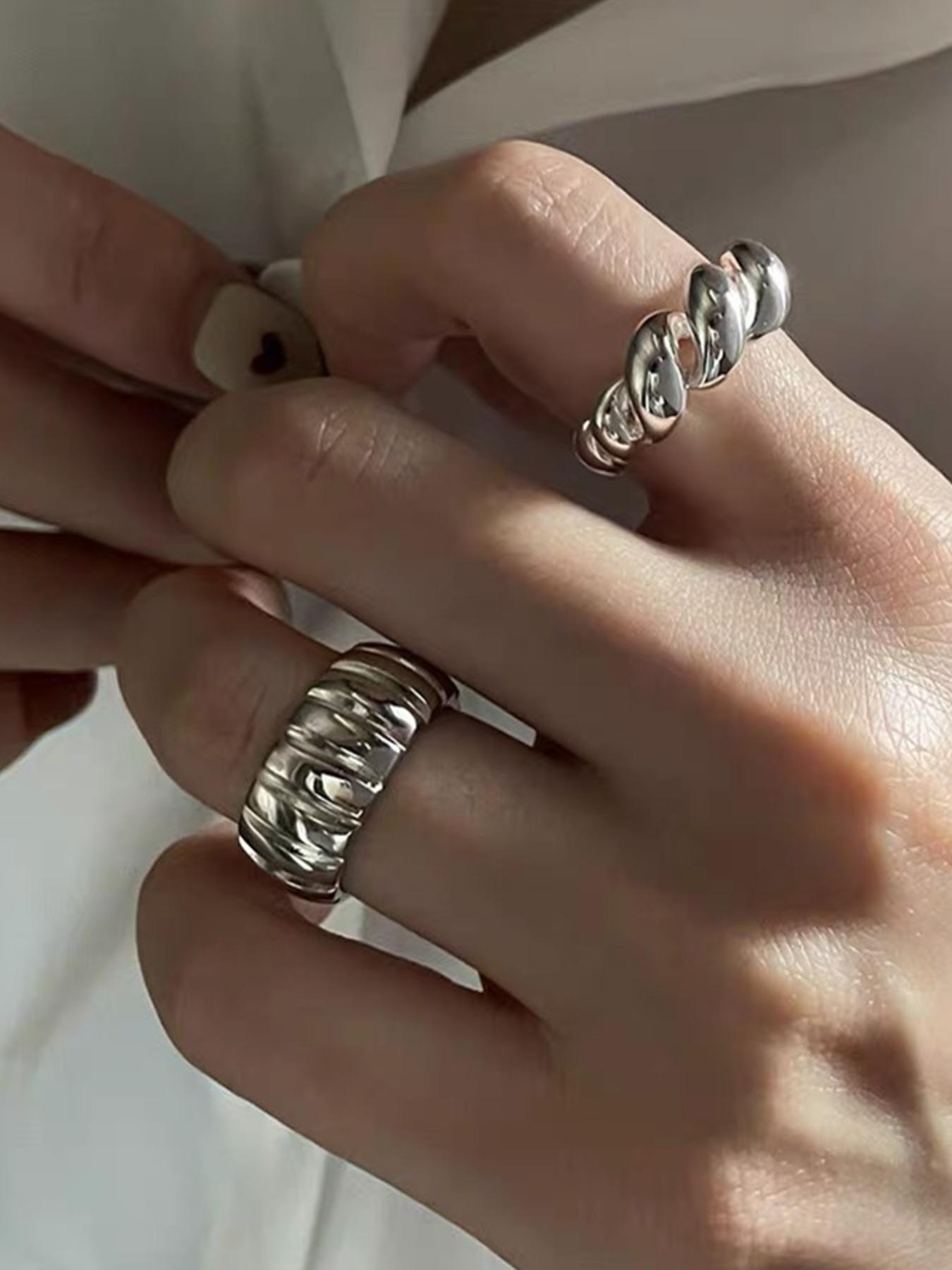 Women's Elegant Open Ring Set, French Style Metal Twisted Design, Casual Fashion Jewelry for All Seasons, 2-Piece Set, Adjustable Rings, Stacking Rings