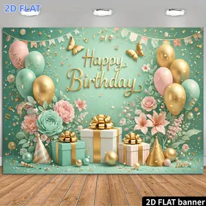 2D Flat Banner 1pc, 2D Mint Green Birthday Party Backdrop with Golden Foil "Happy Birthday" Theme Decorated with Pink Green And Golden Balloons Flowers Gift Boxes Butterflies And Banners Durable Polyester Material No Power Require