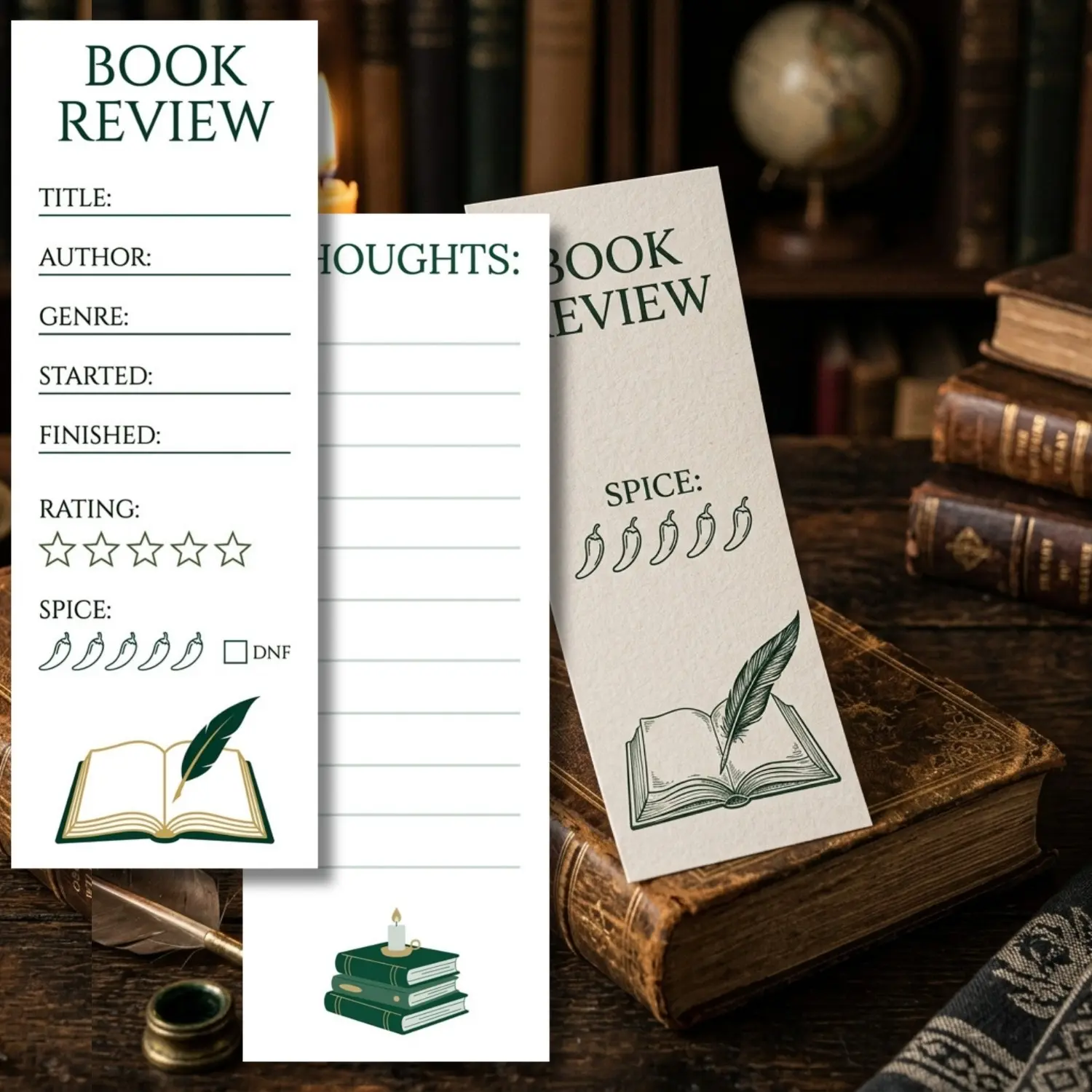 Dark Academia Reading Tracker Bookmark | Vintage Quill Book Review Log | Fantasy Reader Gift