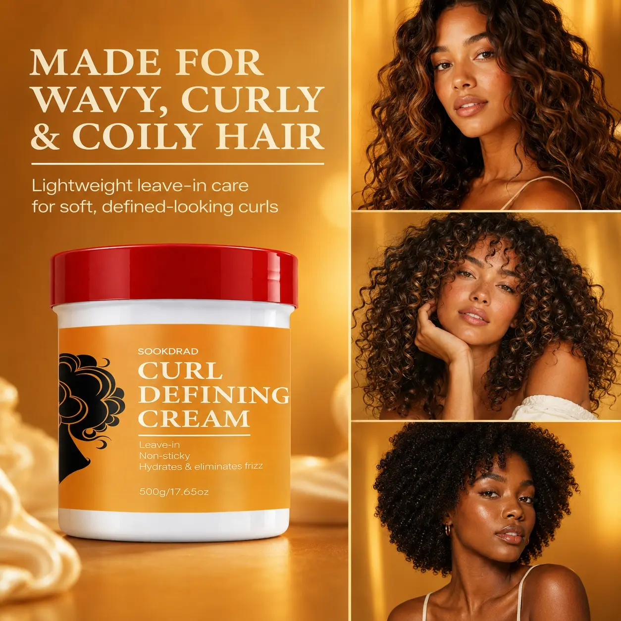 Curl Defining Cream, Leave-In, Non-Sticky, Hydrates, Eliminates Frizz, For Curly Hair, 500g