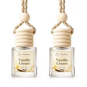 2pc Hanging Car Air Freshener, Vanilla Cream Perfume Diffuser, 8ML Glass Bottle, Wooden Cap, Braided Rope, Sweet Scent for Cars and Small Spaces