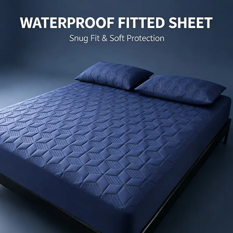 Premium Waterproof Deep Fitted Sheet with Pillowcases, Quilted Absorbent Mattress Cover, Wrinkle Resistant, Bedding