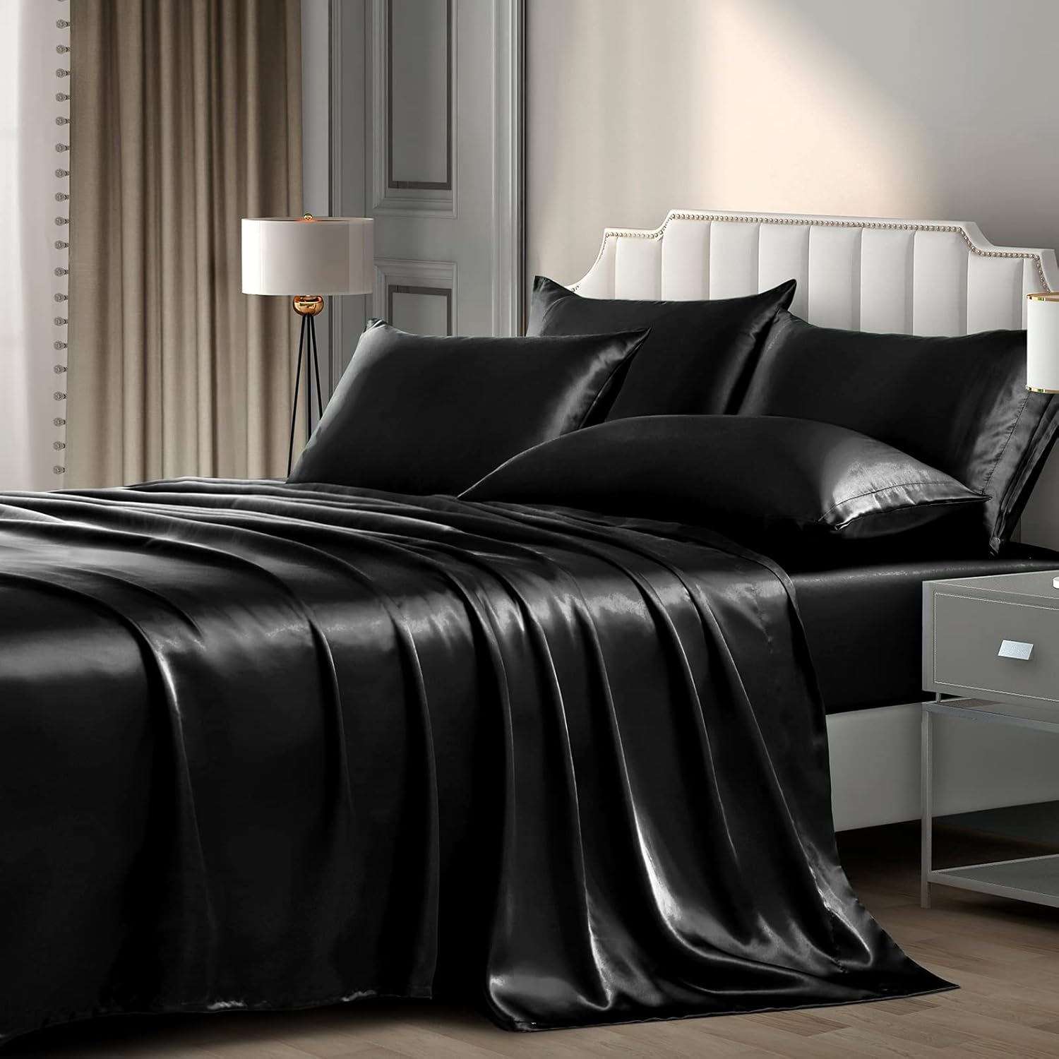 6 ieces  Satin Sheets Luxury Silky Black Satin Bedding Sheet Set, 1 Dee ocket Fitted Sheet + 1 Flat Sheet + 4 illow Cases