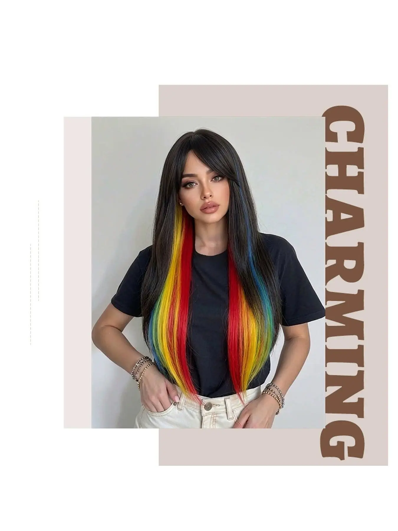 Rainbow Colored Long Straight Synthetic Lace Front Wig for Women Casual Cool Vibe Everyday Breathable Fluffy Highlighted Ombre Design Full Head Cap Heat Resistant Fiber Hairpiece