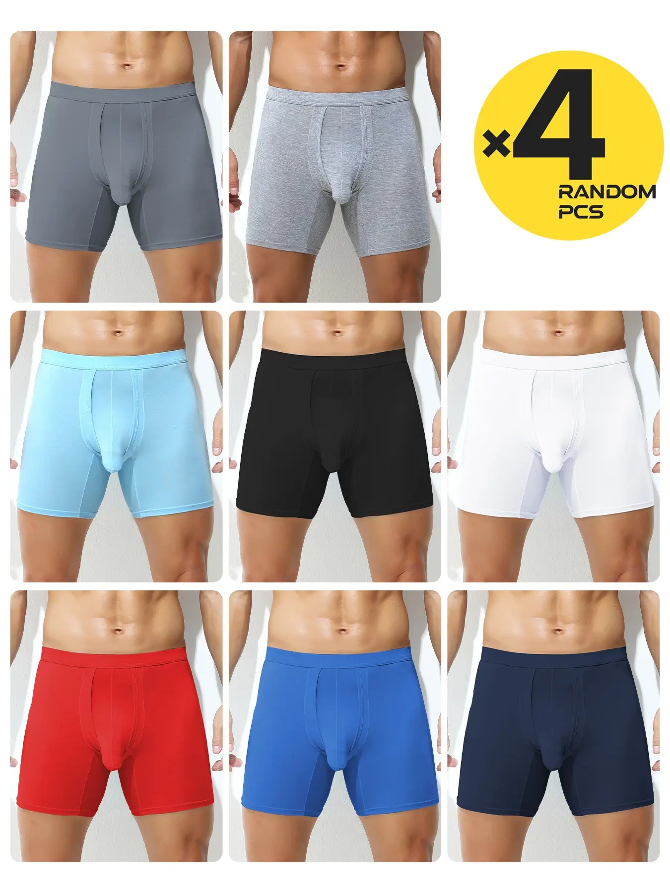 2/3/4Pcs Random Solid Men Long Boxers, Elephant Trunk Separate Pouch, Stretch Breathable Hip Lifting Boxer Shorts Underwear for Gym & Daily Wear