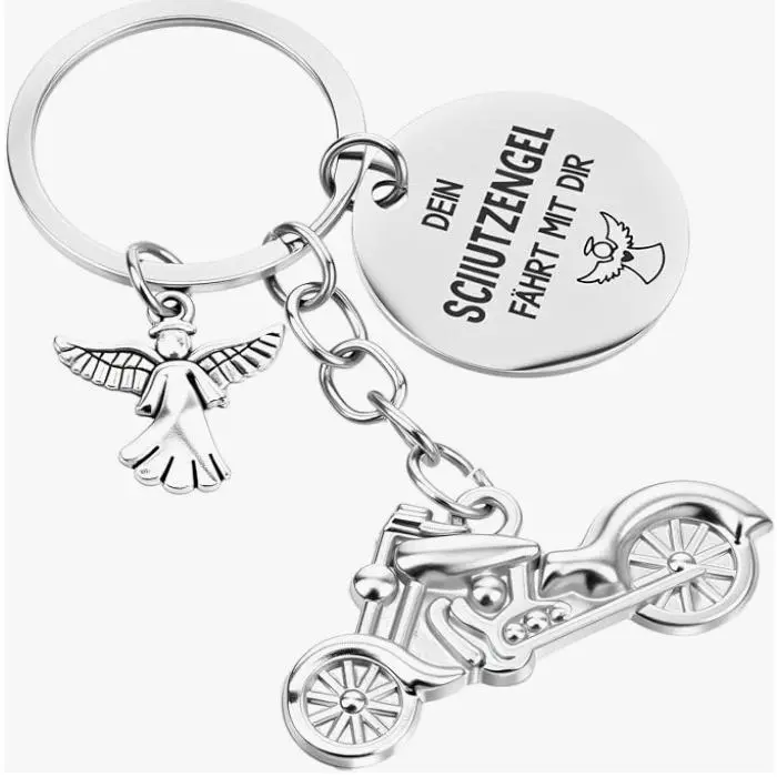 Guardian Angel Motorcycle Keychain for Men • Biker Safe Riding Gift 3D Chopper Charm German Quote Keyring Boyfriend Husband Dad