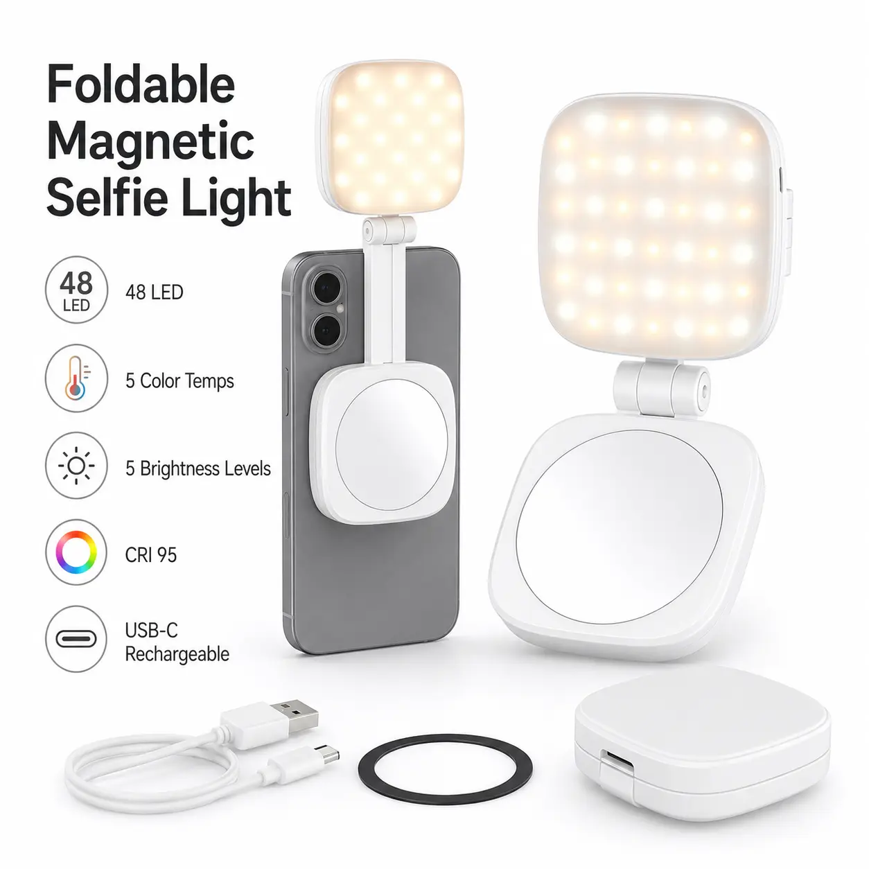 Magnetic Selfie Light for iPhone, MagSafe Compatible LED Phone Ring Light with Mirror, Foldable Fill Light for Makeup, Video Recording & Live Streaming