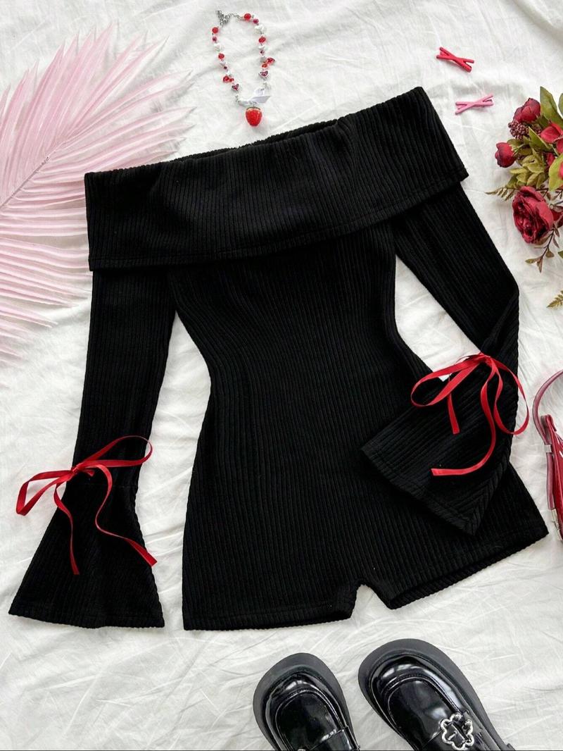 Women's Solid Ribbed Off Shoulder Flounce Sleeve Romper, Casual Fashion Cozy Romper for Daily Outdoor Wear, Women's Clothes for Spring & Fall, Casual Comfy Jumpsuit