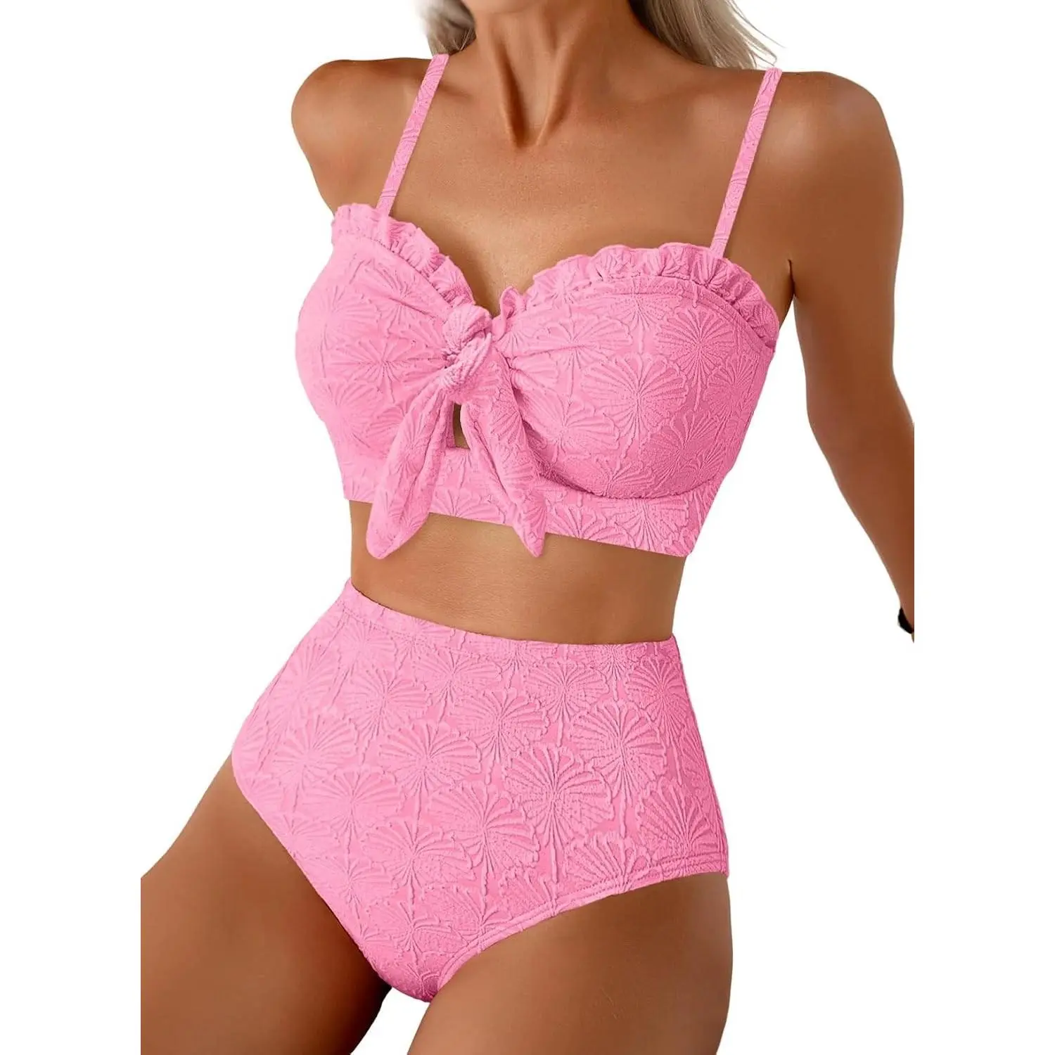 Women's Seashell Textured Knotted Front Bikini Set 2 Piece Swimsuit with Ruffle Trim(Gift)