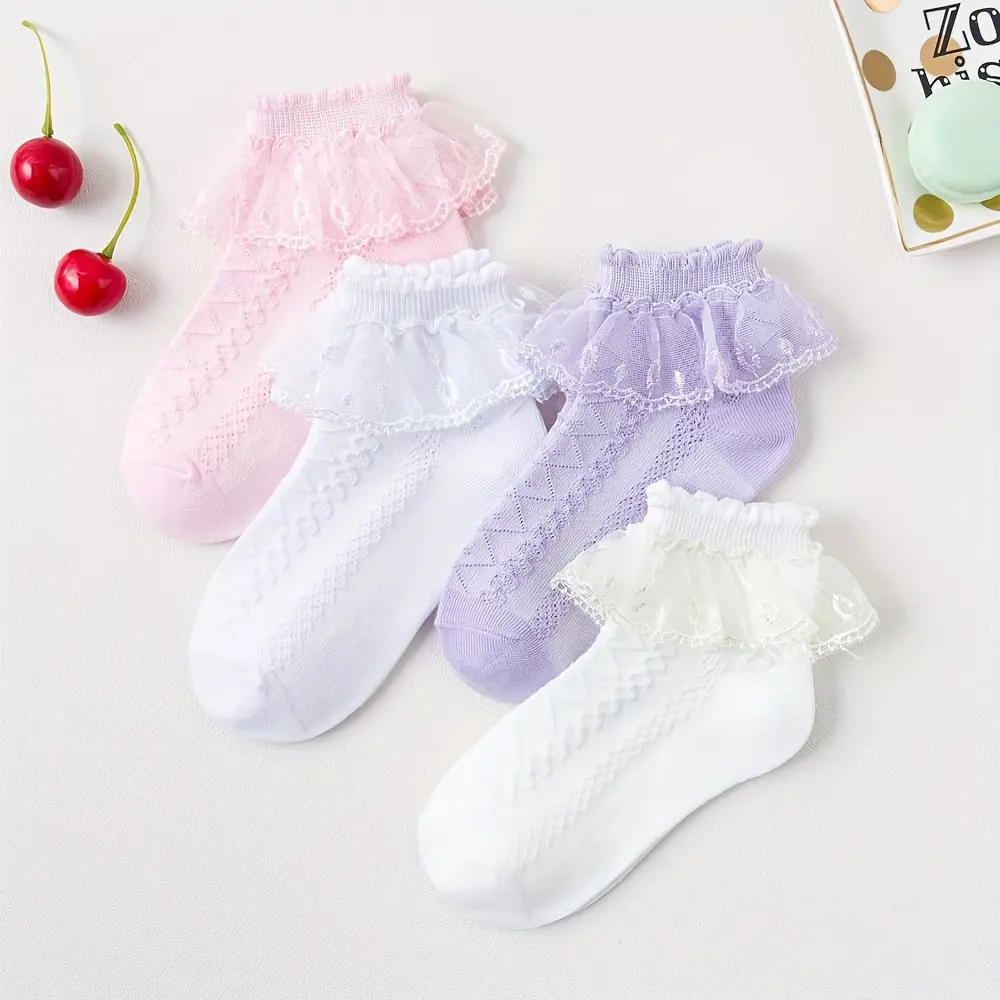 [Girls' Floral Socks] 4 Pairs Girls Socks - Floral Lace & Ruffled Design, Breathable Comfort for Dance & Casual Wear, Spring/Summer Kids Ankle Socks, Princess Socks