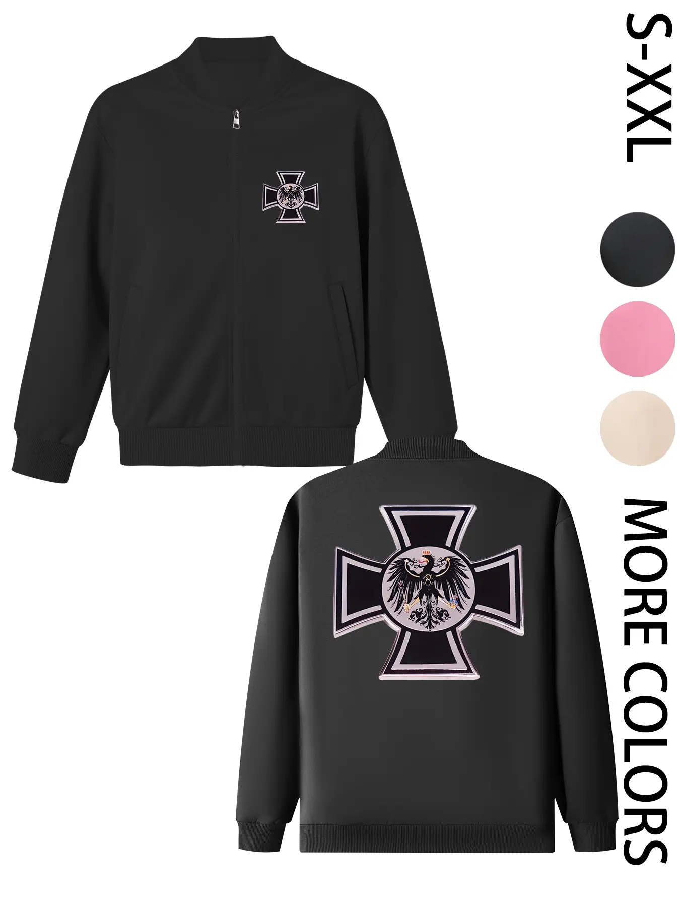 Women's American Street Style Hoodless Bomber Jacket with "Black Eagle Wearing a Crown" Print, Lightweight Zip-Up Jacket, American Street Style Print Design, Perfect for All Seasons, Casual & Street Style