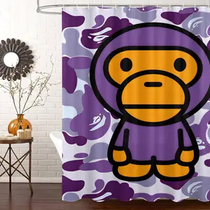 Purple Camo Baby Monkey Waterproof Shower Curtain, Cartoon Ape Camouflage Print Bath Curtain, Mold Resistant Quick Dry Bathroom Accessory Decor, Bathing Cover with 12 Plastic Hooks & Rustproof Metal Grommets 72x72 Inch