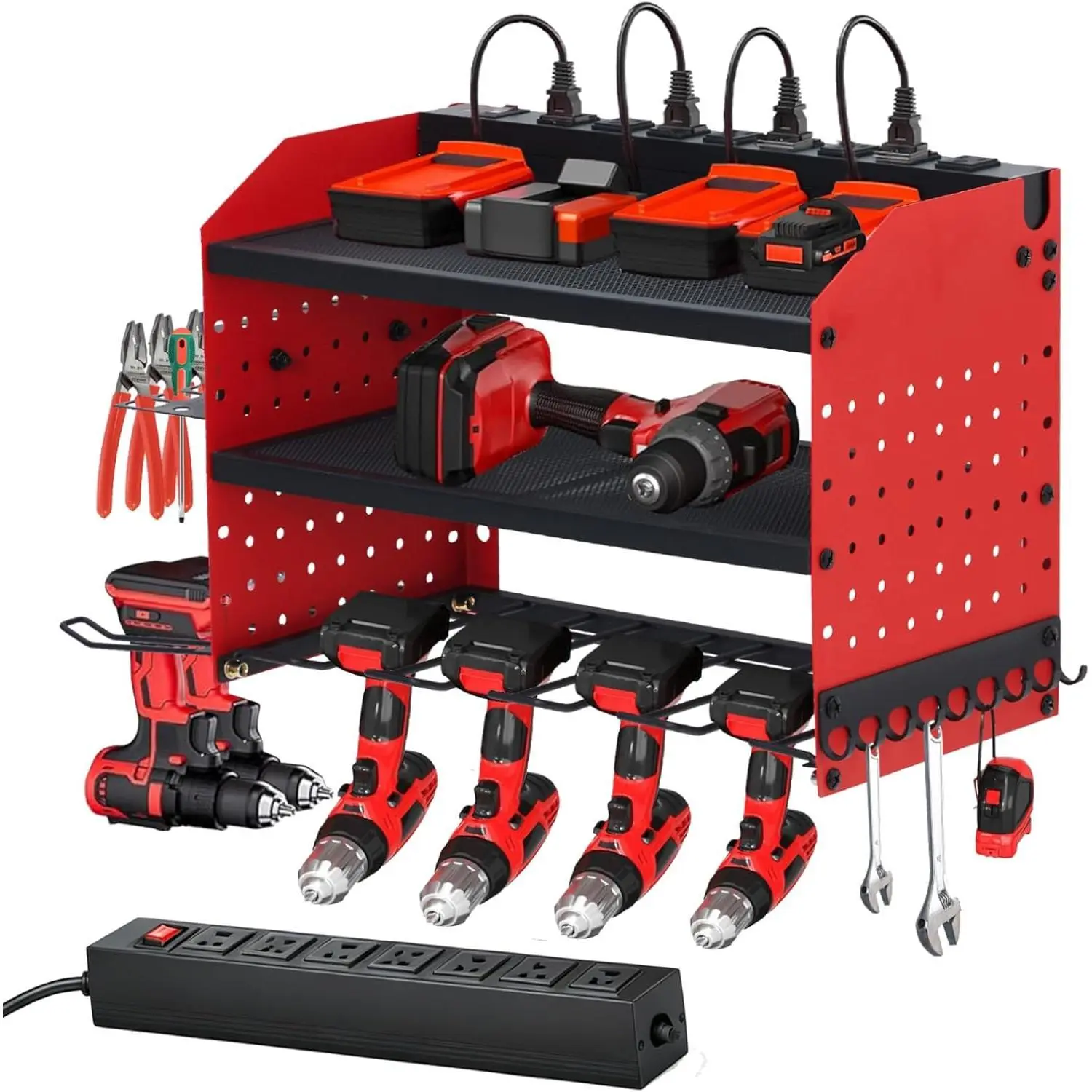 3-Tier Metal Power Tool Storage Shelf with 1200J Surge Protector, Drill Holder & Battery Charging Station for Workshop, Perfect Gift for Dad & Husband!