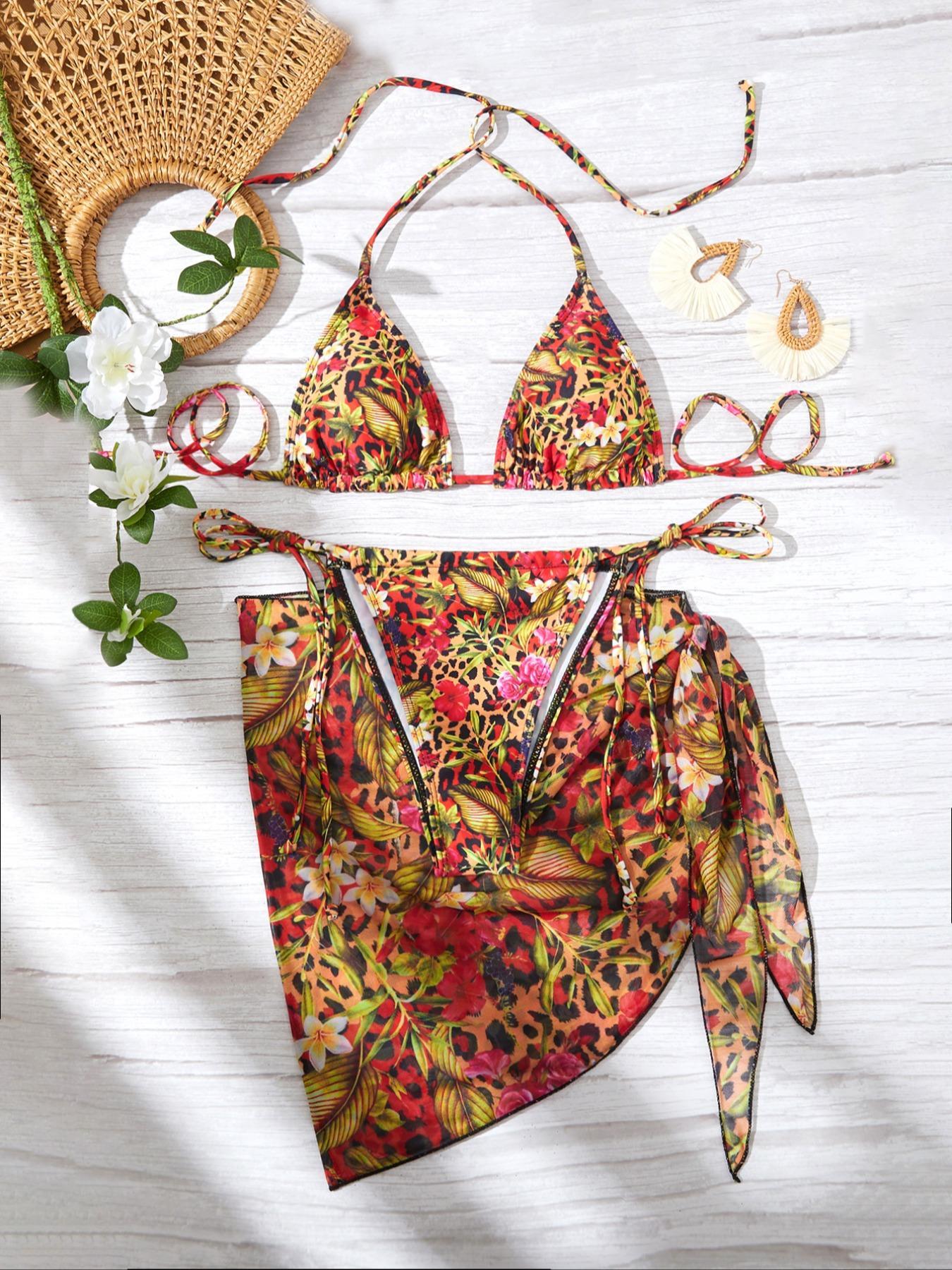 Women's 3pcs Tie Back Bikinis Set, Halter Triangle Swim Top & Tie Side Swim Bottom & Cover Up Skirt Set, Summer Beach Holiday Vacation Swimwear Set for Women, Floral Print Swimsuits