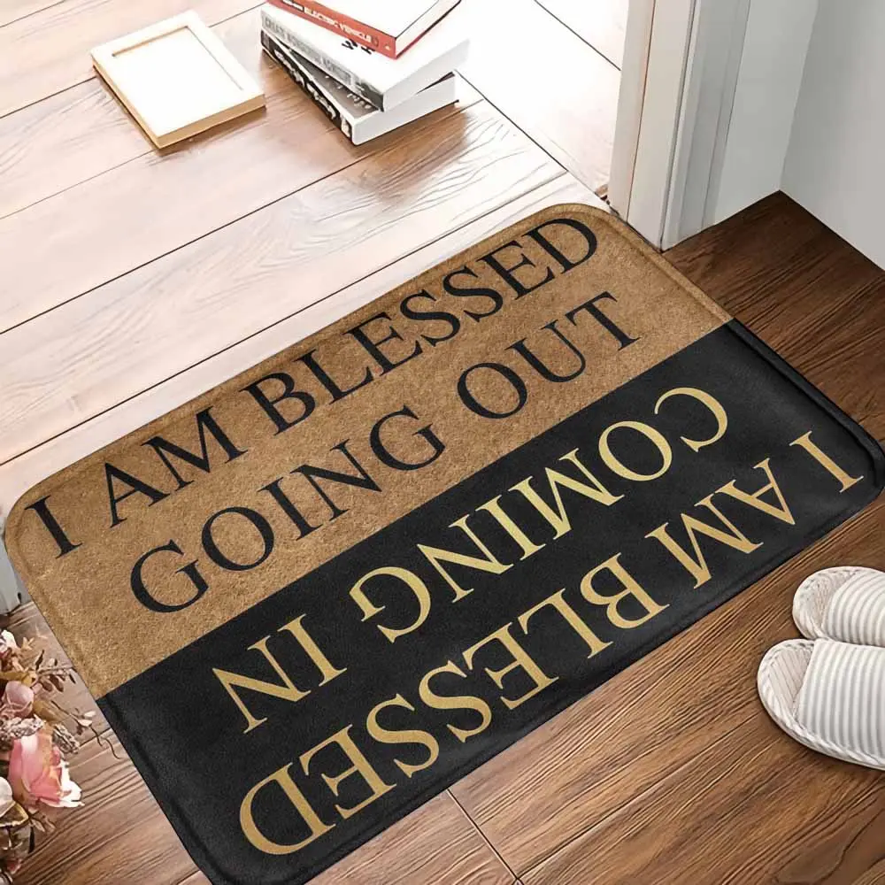 summerwins Blessed Polyester+Rubber Doormat, Welcome Message "I Am Blessed Going Out Coming In" Print, Anti-Slip Grip, Durable, Easy Clean, Entryway Bath Accent, Housewarming Gift, Front Door Patio Apartment Decor, Breathable, High Absorbency