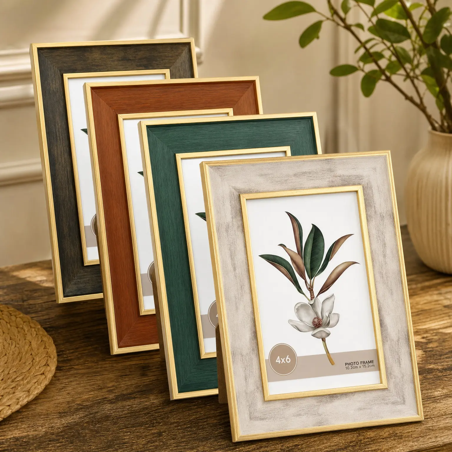 Farmhouse Rustic 4x6 Picture Frame Set of 4, Distressed Wood Grain, Tabletop or Wall Display, Mix ColorGift