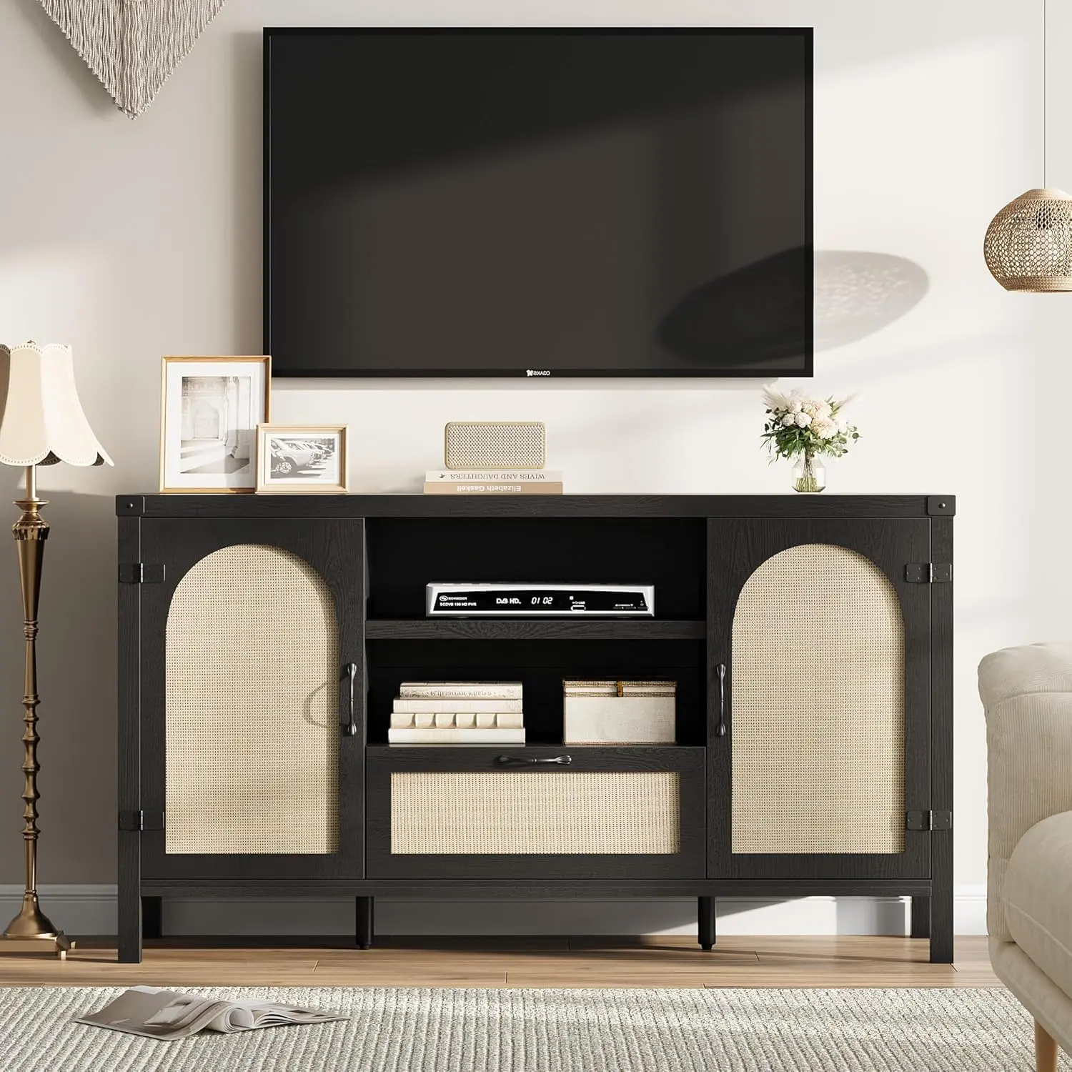 59''Boho Rattan Sideboard Buffet Cabinet, Boho Farmhouse Sideboard with Adjustable Shelves & Drawer, Kitchen Coffee Bar Cabinet with Arched Cane Doors for Dining Room, Living Room, Entryway