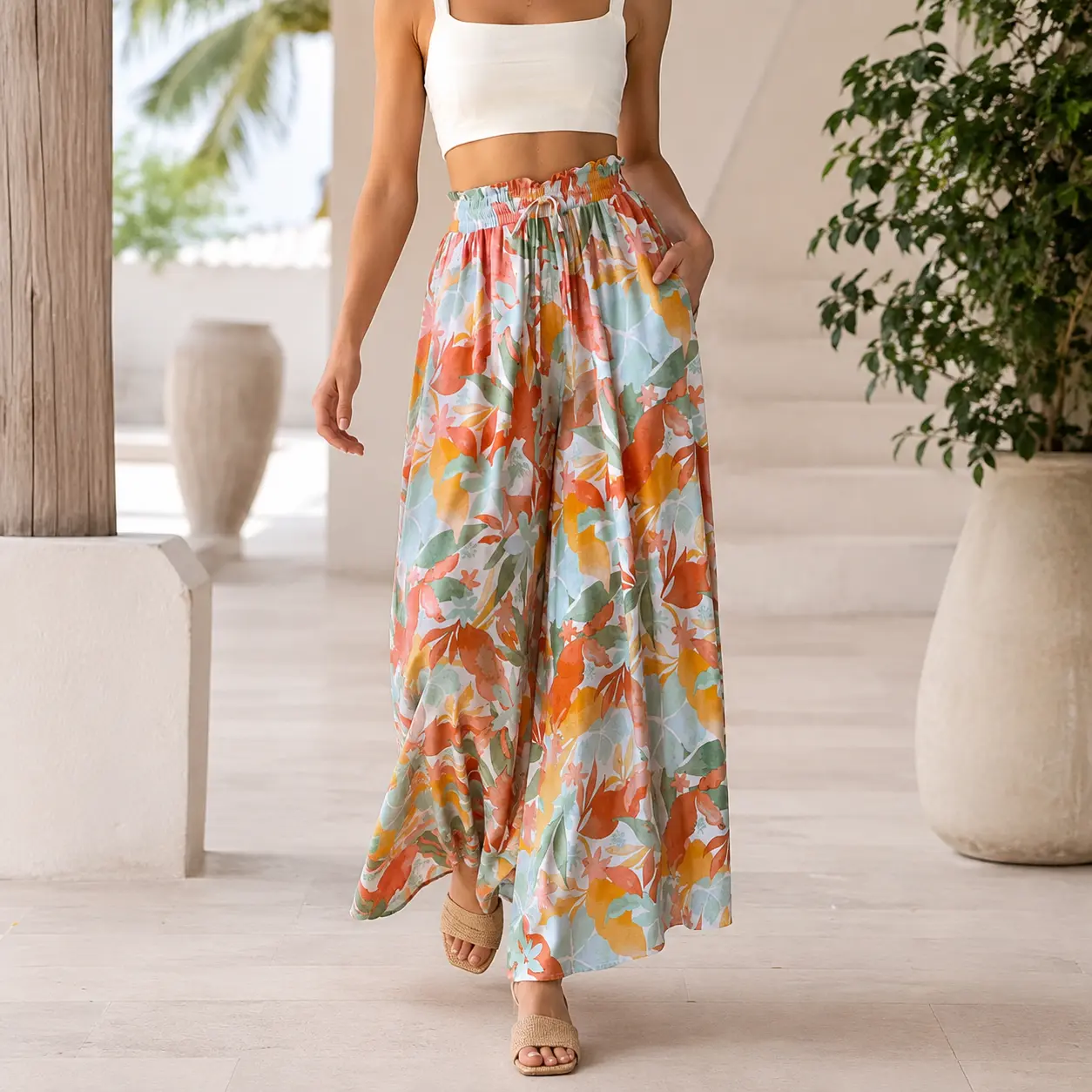 Women’s High-Waist Wide-Leg Palazzo Pants - Elastic Waist, Drawstring, Pockets, Loose Flowy Lady Clothes - Basic Minimalist Bottom for Summer Vacation, Everyday Wear