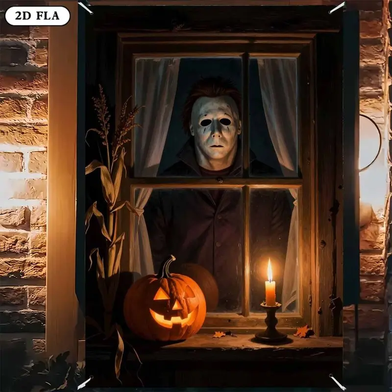 Halloween Masked Figure Window Tapestry - Polyester Spooky Pumpkin Scene Wall Hanging with Hook Set, Halloween Decor Indoor, Scary Horror Backdrop for Bedroom, Indoor/Outdoor Party Decoration