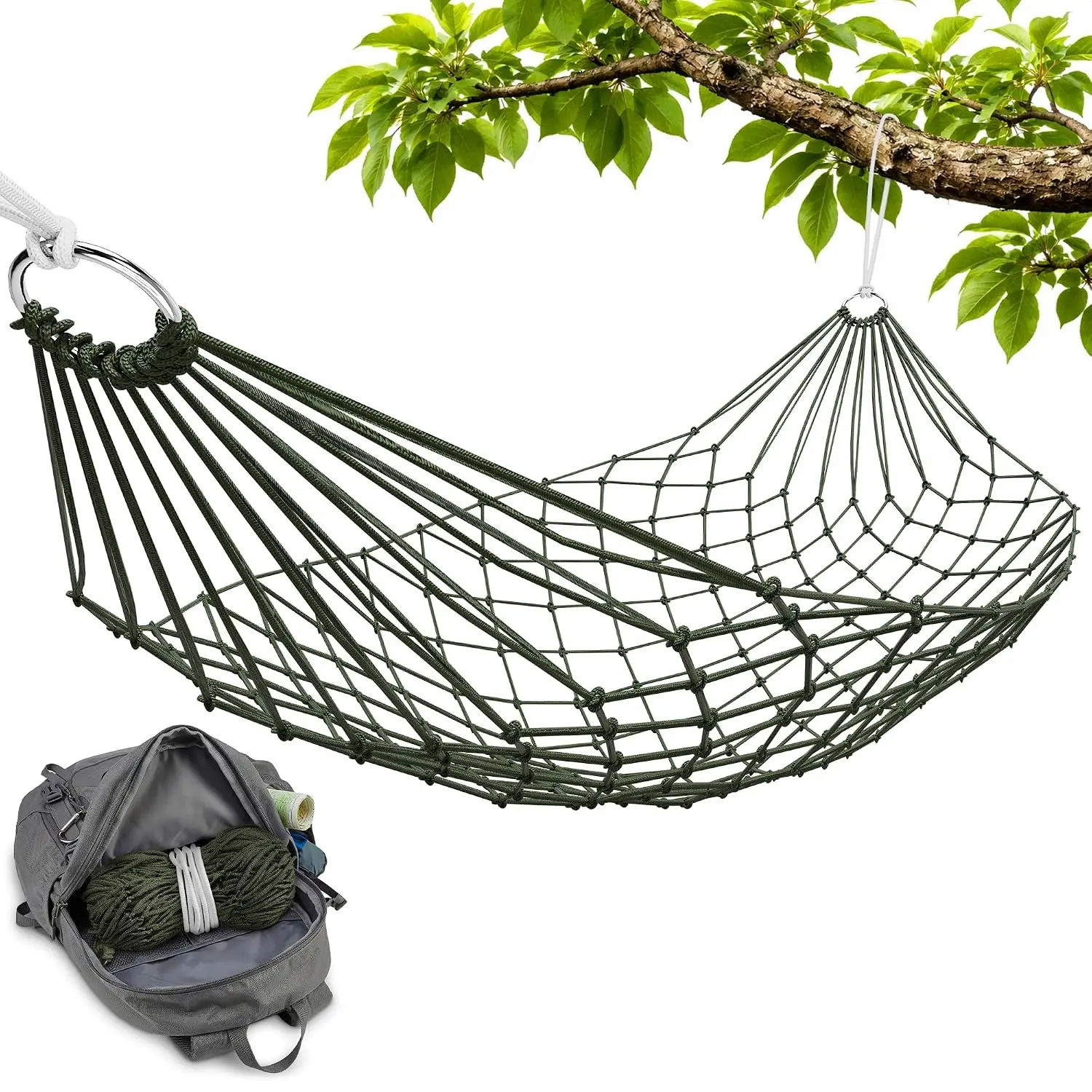 Mesh Hammock - Loop & Lounge Between Two Trees, Rope Hammocks for Outside Camping - No Stand Needed, 220 lb Capacity, Lightweight 13 oz Nylon Net Bed for Backyard Garden Patio Beach Travel, Dark GreenGift
