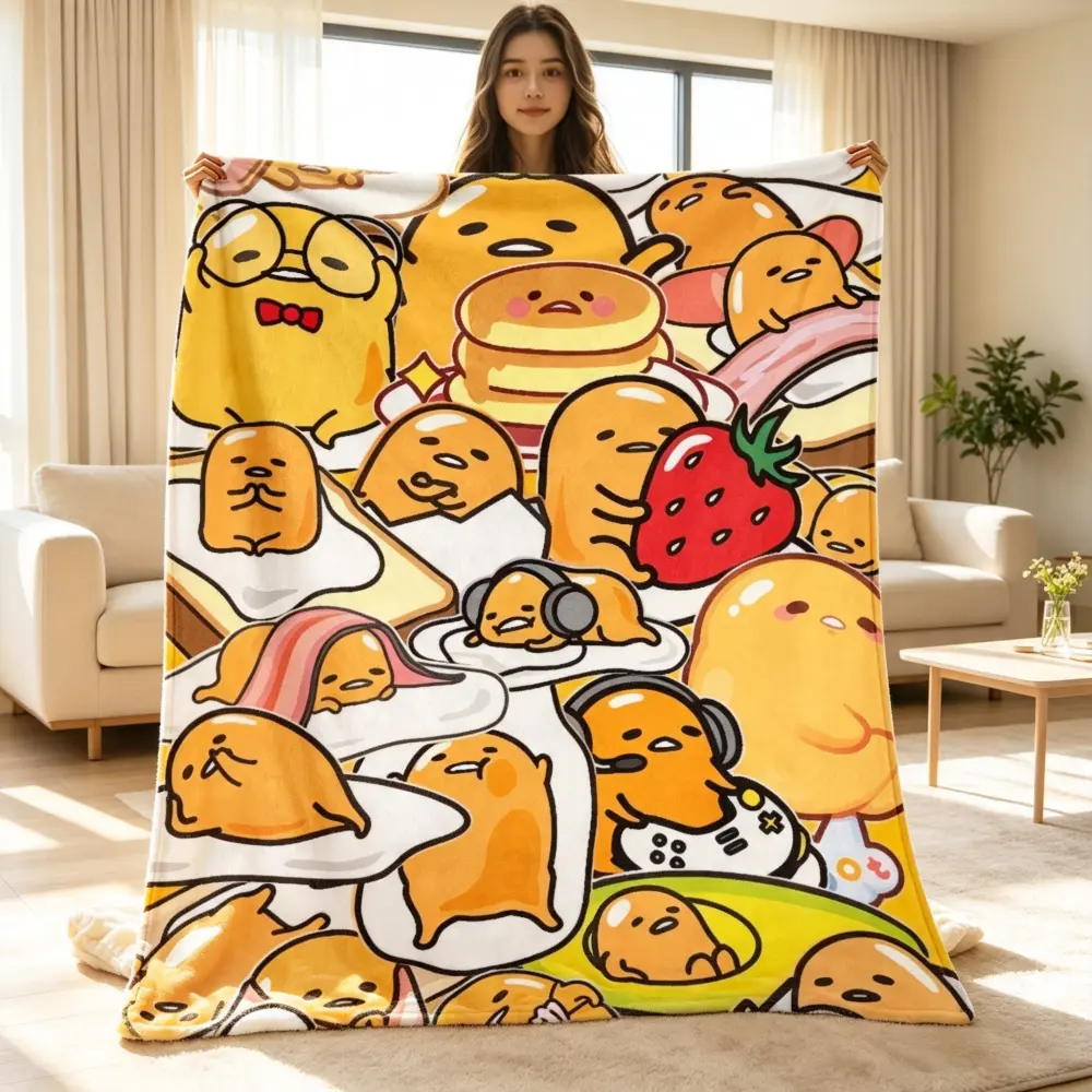 Gudetama Blanket – Lightweight flannel throw suitable for sofas, benches, and travel; features a cute anime eggshell print; soft, warm bedding; ideal for adults and dorm decor; a perfect gift for children, family, and friends.