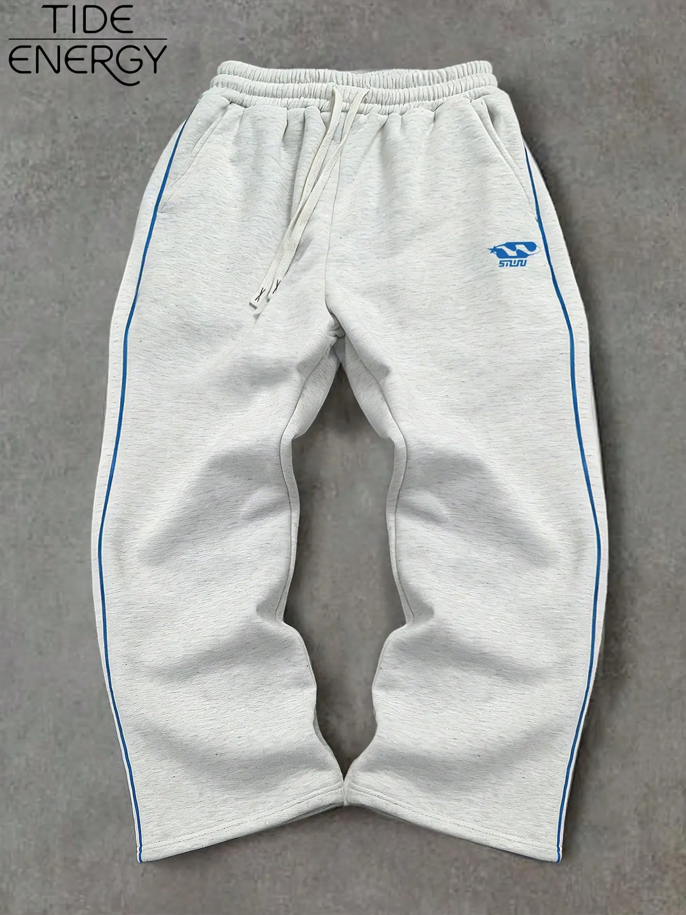 Y2K Clean Fit Heather Gray Wide Leg Adjustable Drawstring Sweatpants, Soft Brushed Casual Fabric, Klein Blue Side Stripe Small Logo Straight Leg Trousers, Elastic Drawstring Waist Streetwear Bottoms For Campus Daily Skate OOTD, Knitted Sweatpants