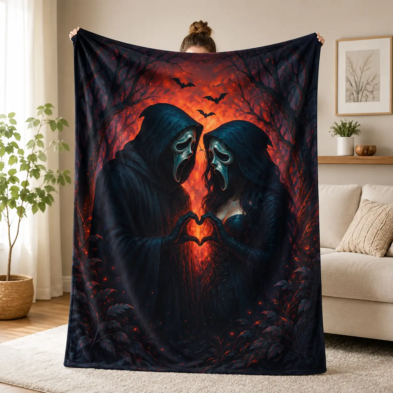 Hooded Lovers Flannel Blanket, Gothic Romance Print, Soft Cozy Lightweight All Season Body-Warming Dark Decorative Blanket for Sofa, Bedroom, Anniversary Gift, All Season Blankets, Body-Warming Blankets