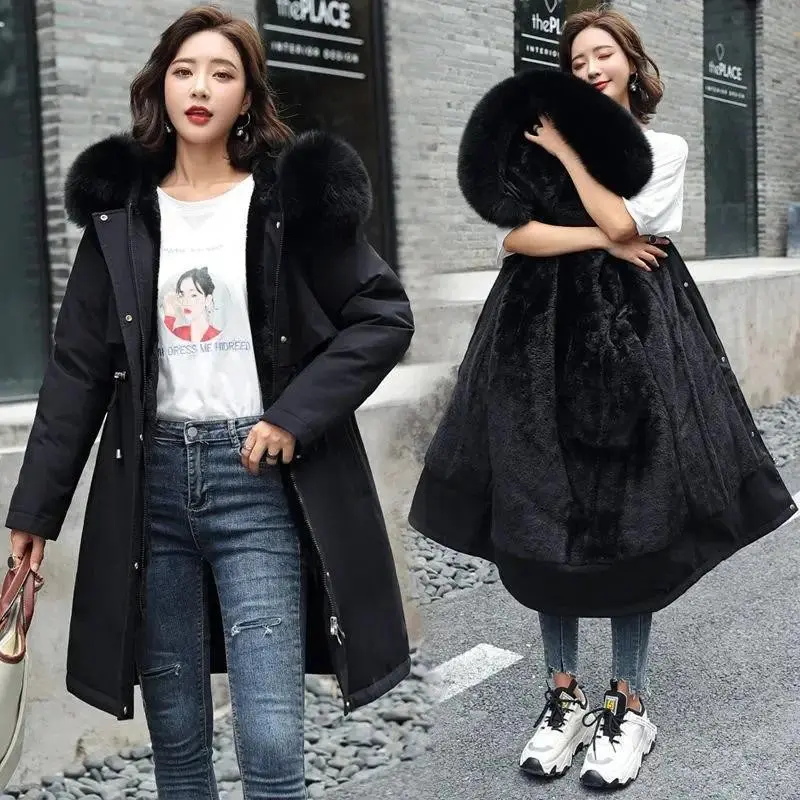 NewWomenParkaClothesLongCoatWoolLinerHoodedJacketFurCollarThickWarmSnowWearPaddedParka