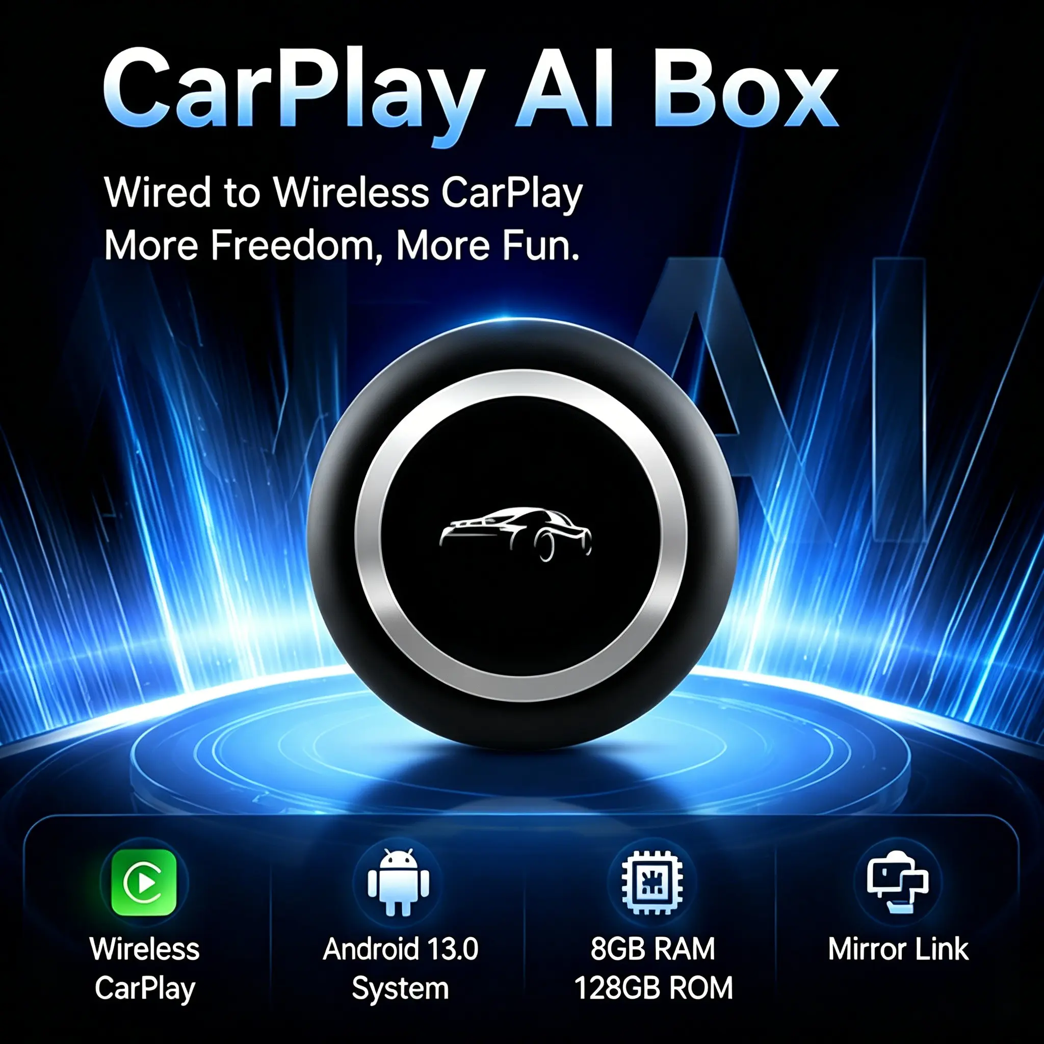 Android 13 Carplay Wireless Adapter, 8GB RAM 128GB ROM, Mirror Link Apple Carplay & Android Auto, Plug & Play Streaming Box with GPS