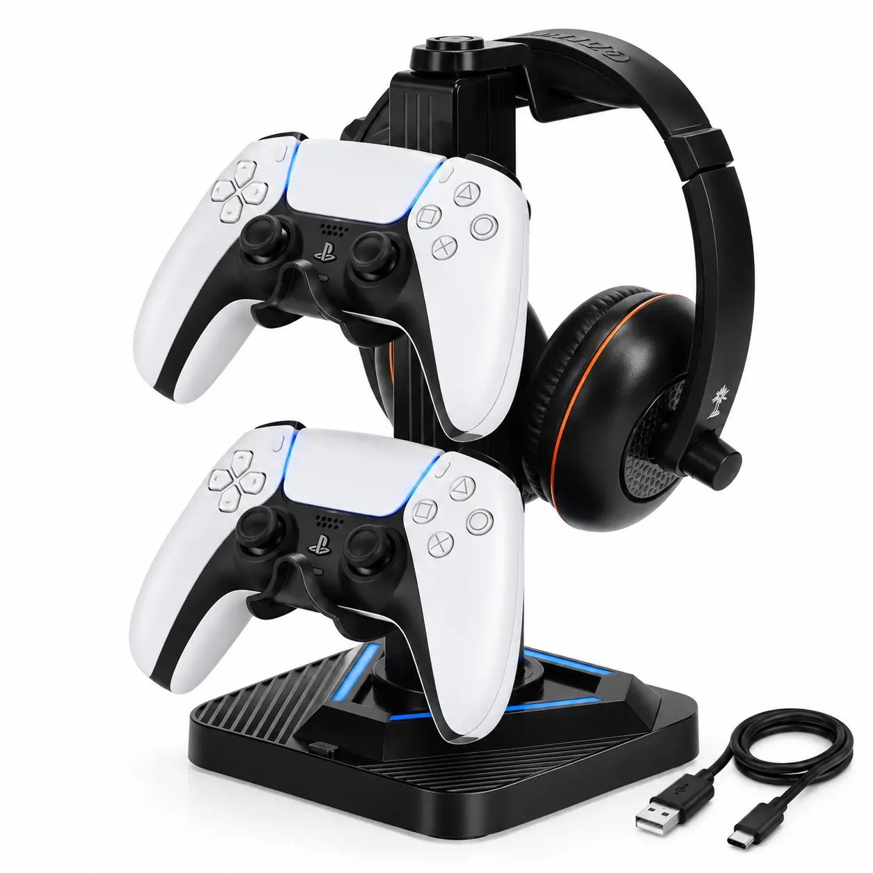 Gaming Controller & Headset Stand, RGB Controller Holder with 3-Port USB Hub, Compatible with PS5, Xbox Series X/S, Switch Controllers