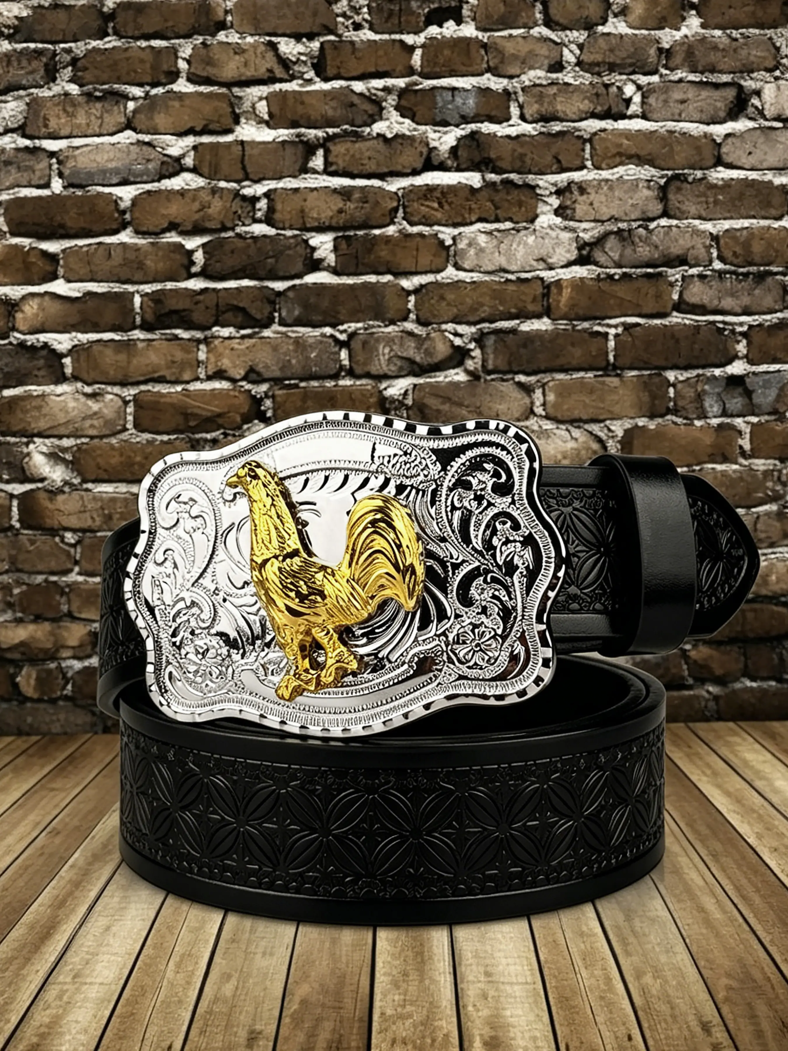 A rooster element Western style buckle 3.7cm/1.46in wide PU embossed waistband for men and women, with a retro and personality design, western buckle Western Belts