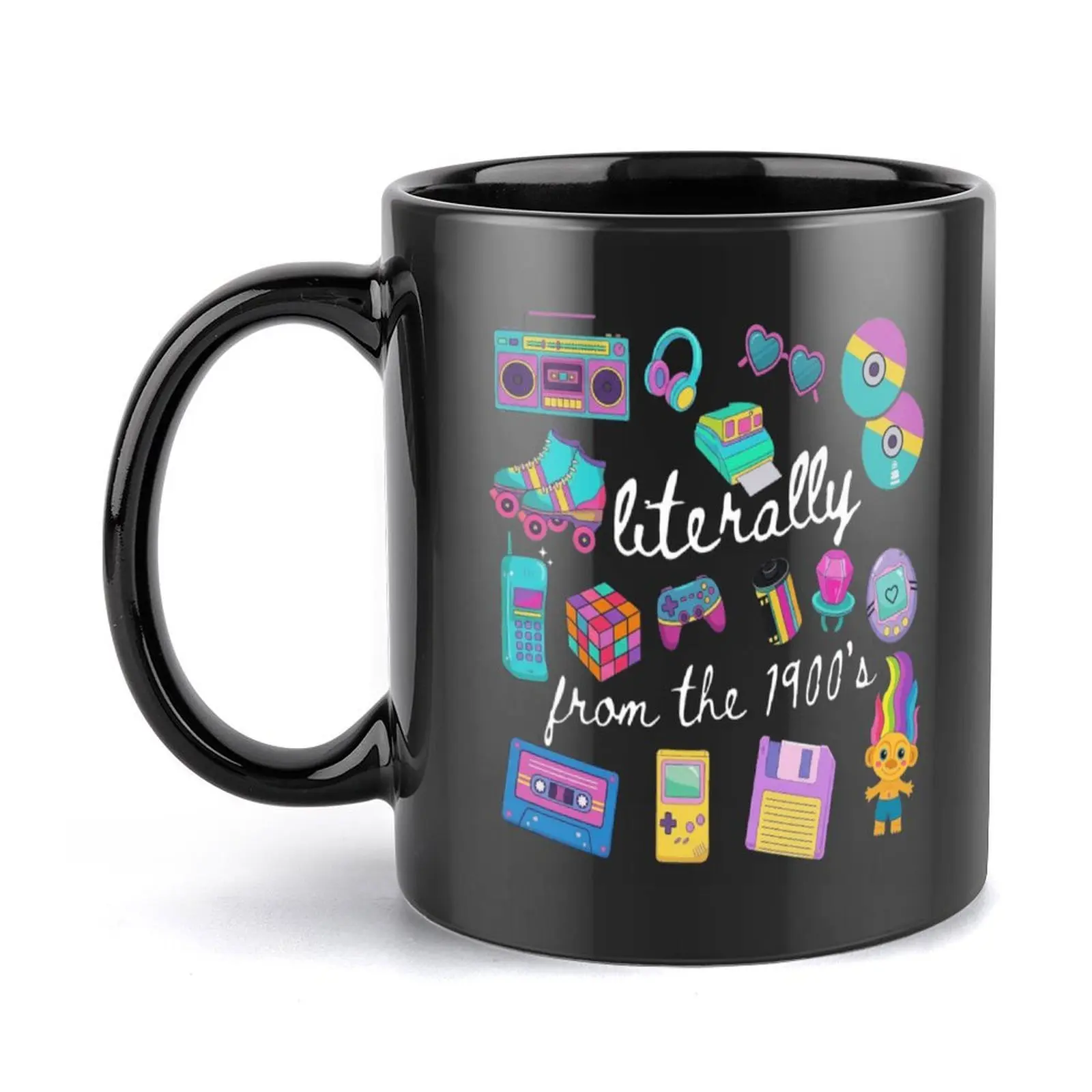 Literally From The 1900s Mug, Vintage 80s 90s Retro Nostalgia Cup, Funny Birthday Gift, Y2K Aesthetic Pop Art Mug, Cassette Tape Gameboy Roller Skate Design, Gift for Gen X Millennial, Black Handle Ceramic Coffee Mug, 11oz 15oz Tea Cup