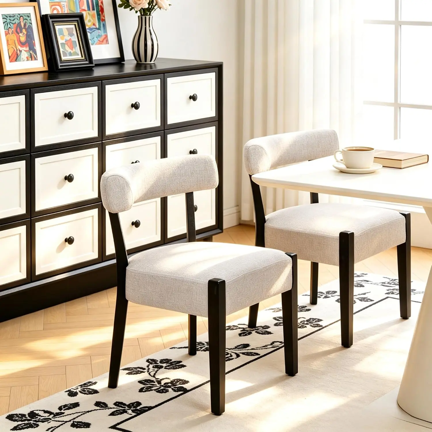 FREKEN Modern Dining Chairs Set of 2, Upholstered Kitchen & Dining Room Chairs, Mid Century Modern Wooden Dining Chairs Oversized Sturdy Fabric Rounded Chairs Curved Back, Black and Beige villa furniture vintage