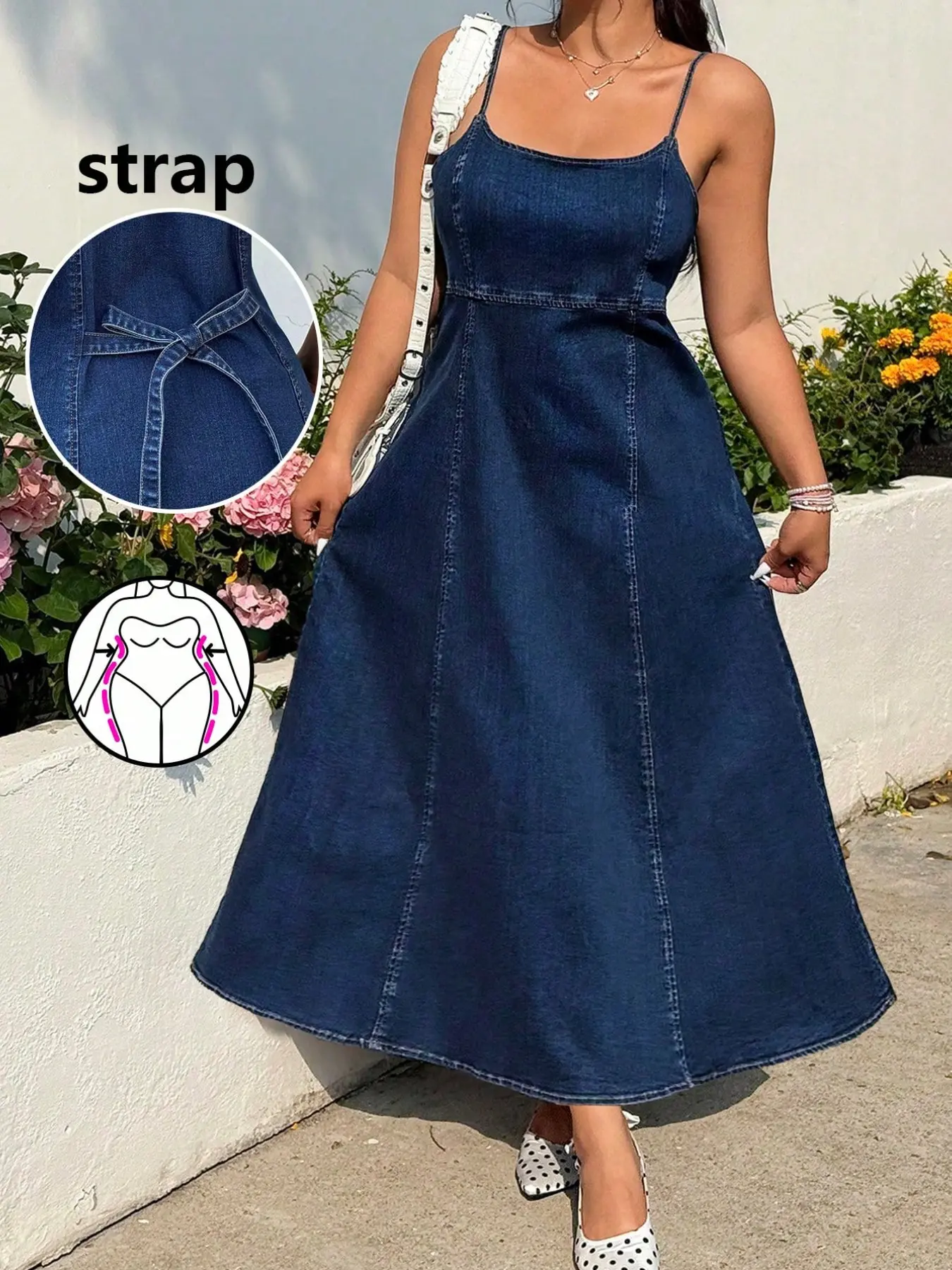 Women's Casual Summer Thin Strappy Denim Midi Dress, Back Tie Waist A-Line Flowy Strap Dress, Soft Non-Rigid Denim, Adjustable Shoulder Straps