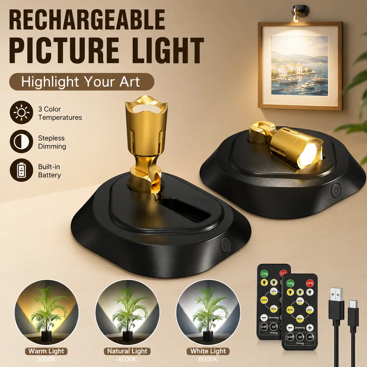 Spotlights Indoor with Remote,750Mah Rechargeable Wireless Plant Light | Up Lights with 3 Colors & Dimmer, Small LED Picture Lights for Painting, Artwork, Accent Lighting