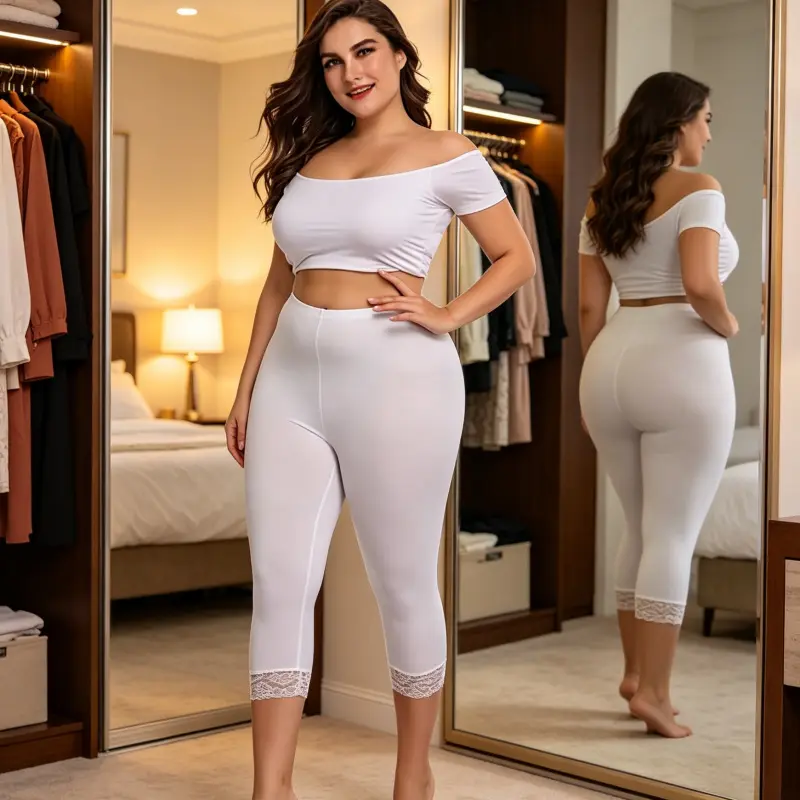 2026 Summer Plus Size Women Modal Capri Leggings, Stretchy Slim Fit Lace Trim Cropped Pants, Soft Elastic Skinny Base Layer Trousers for Daily Casual Wear