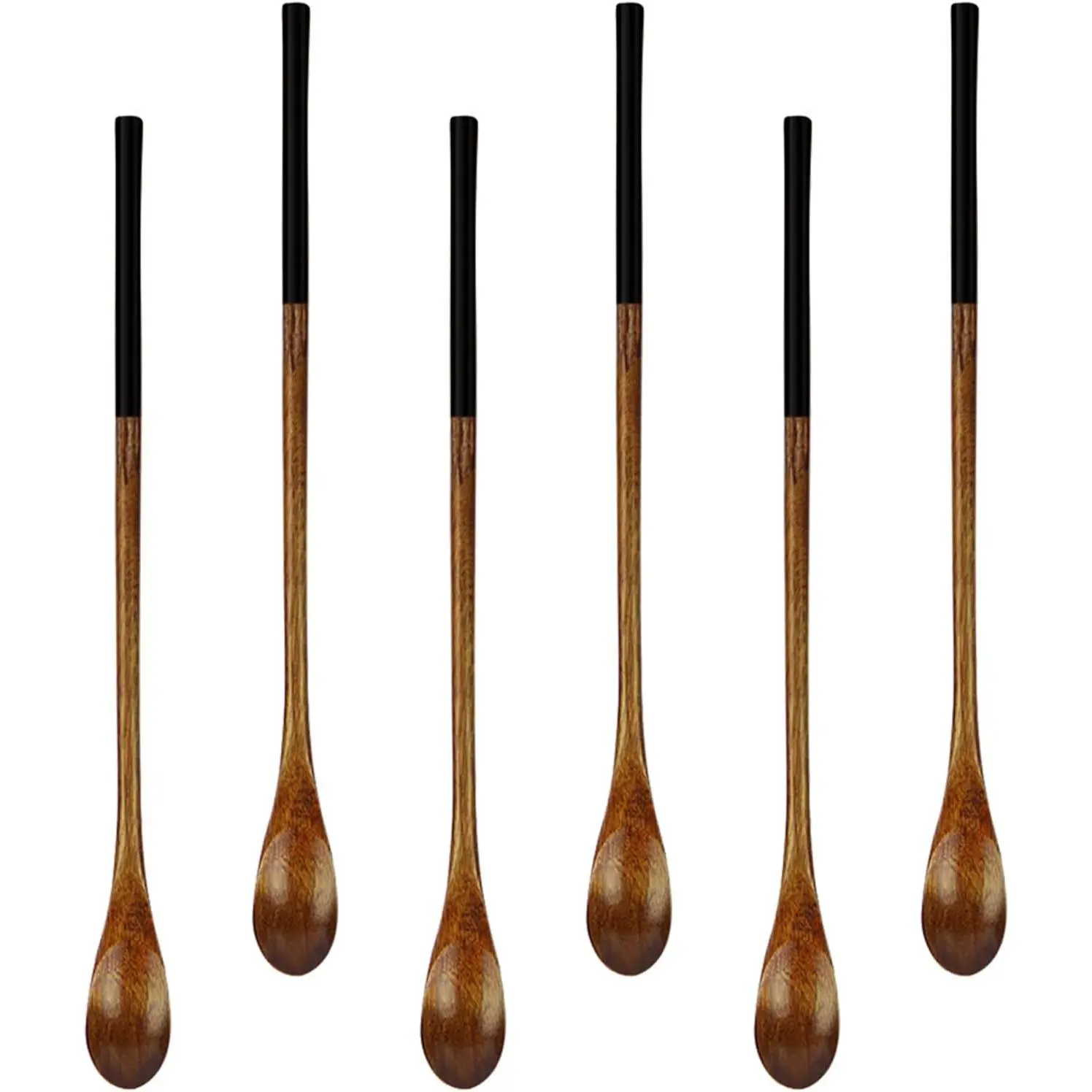 6 count 9 Inch Wooden Coffee Spoons with Long Handle,  Honey Spoons | Small Wooden Spoons for Stirring,Jam,Ice Cream,Mixing,Rubber Grip Tip