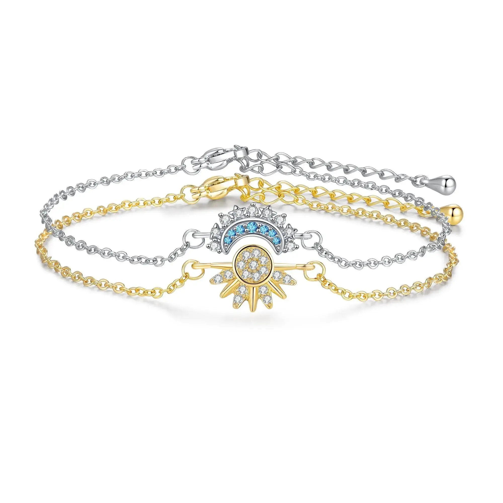 Sun and Moon Bracelet Set for Couples, Matching Celestial Jewelry, Sparkling Gold Sun Ring & Blue Moon Bracelet, Adjustable Stackable Friendship Bracelets, Trendy Aesthetic Anniversary Birthday Valentine's Gift