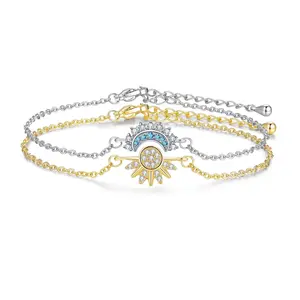 Sun and Moon Bracelet Set for Couples, Matching Celestial Jewelry, Sparkling Gold Sun Ring & Blue Moon Bracelet, Adjustable Stackable Friendship Bracelets, Trendy Aesthetic Anniversary Birthday Valentine's Gift