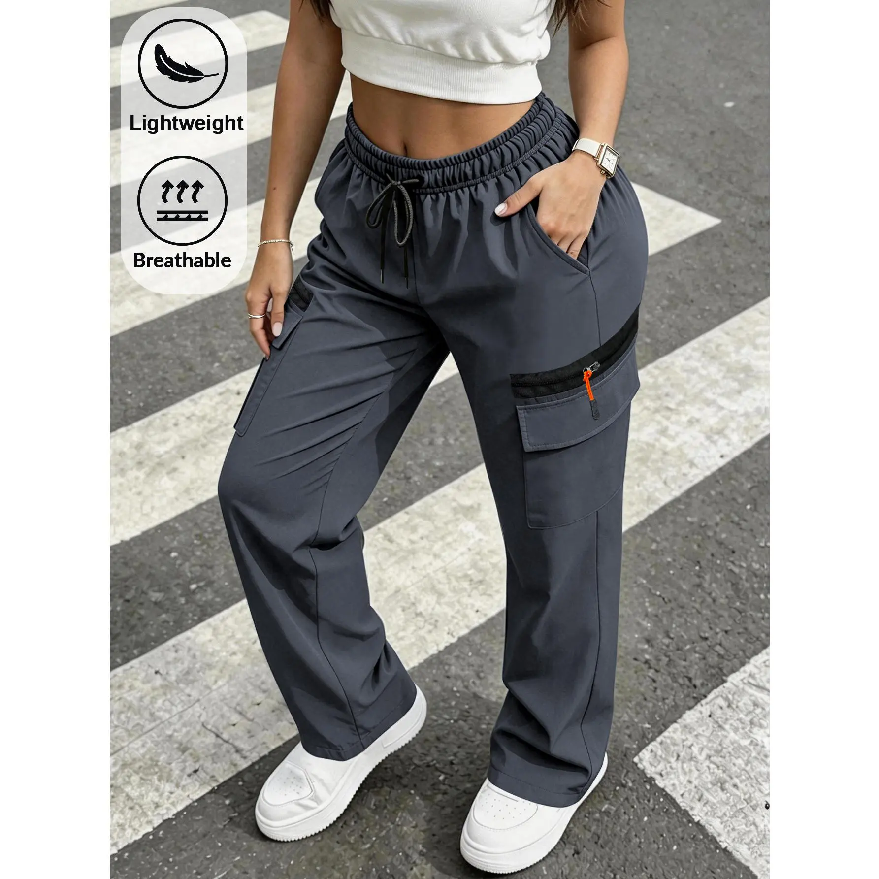 Women's Breathable Quick Drying Work Pants, Elastic Full Height Waist Design, Thigh Flap Storage Pocket, Paired with Bright Orange Contrasting Color Design, Anti Loss Zipper, Loose Fit, Full-length Design