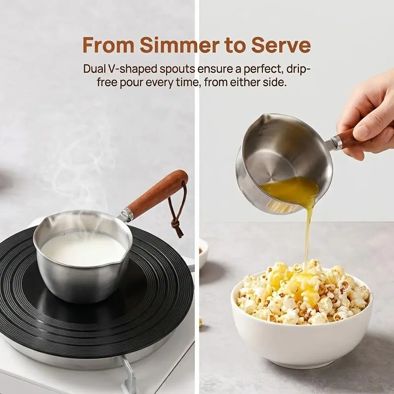 Small Stainless Steel Kitchen Utensil Pot with Wooden Handle, Hanging Rope, Pouring Spout for Melting Chocolate, Cooking Cream, Utensils