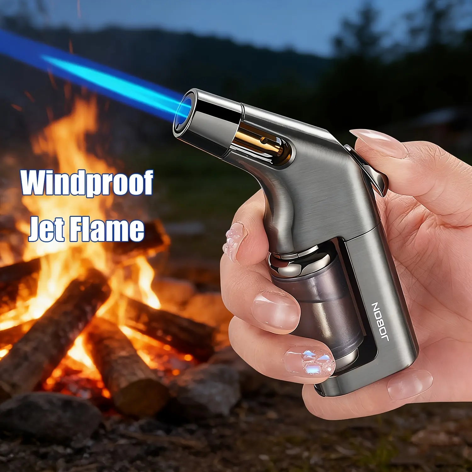 2-in-1 Compact Metal Torch Lighter with Punch - Windproof, Refillable Butane Blue Jet Flame, Heavy Zinc Alloy Body, Visible Tank, Press Ignition Kitchen Fire Starter for Candles, Camping, Barbecue (No Butane Fuel, Single Unit)