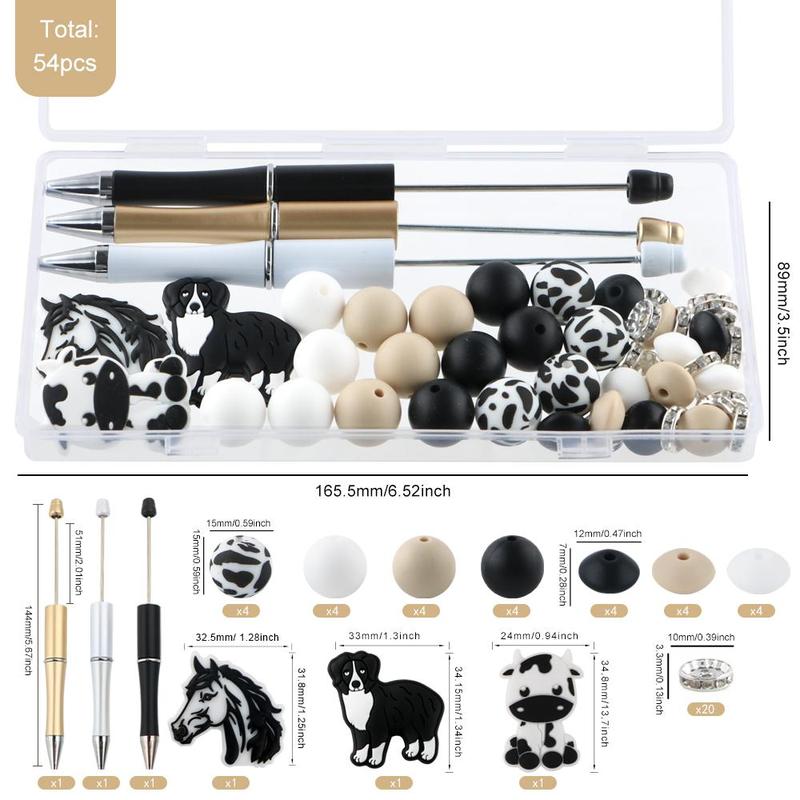Animal Silicone Focal Beads Set, 54pieces/Box Printed Round and Lentil Beads, DIY Jewelry and Pen-Making Kit