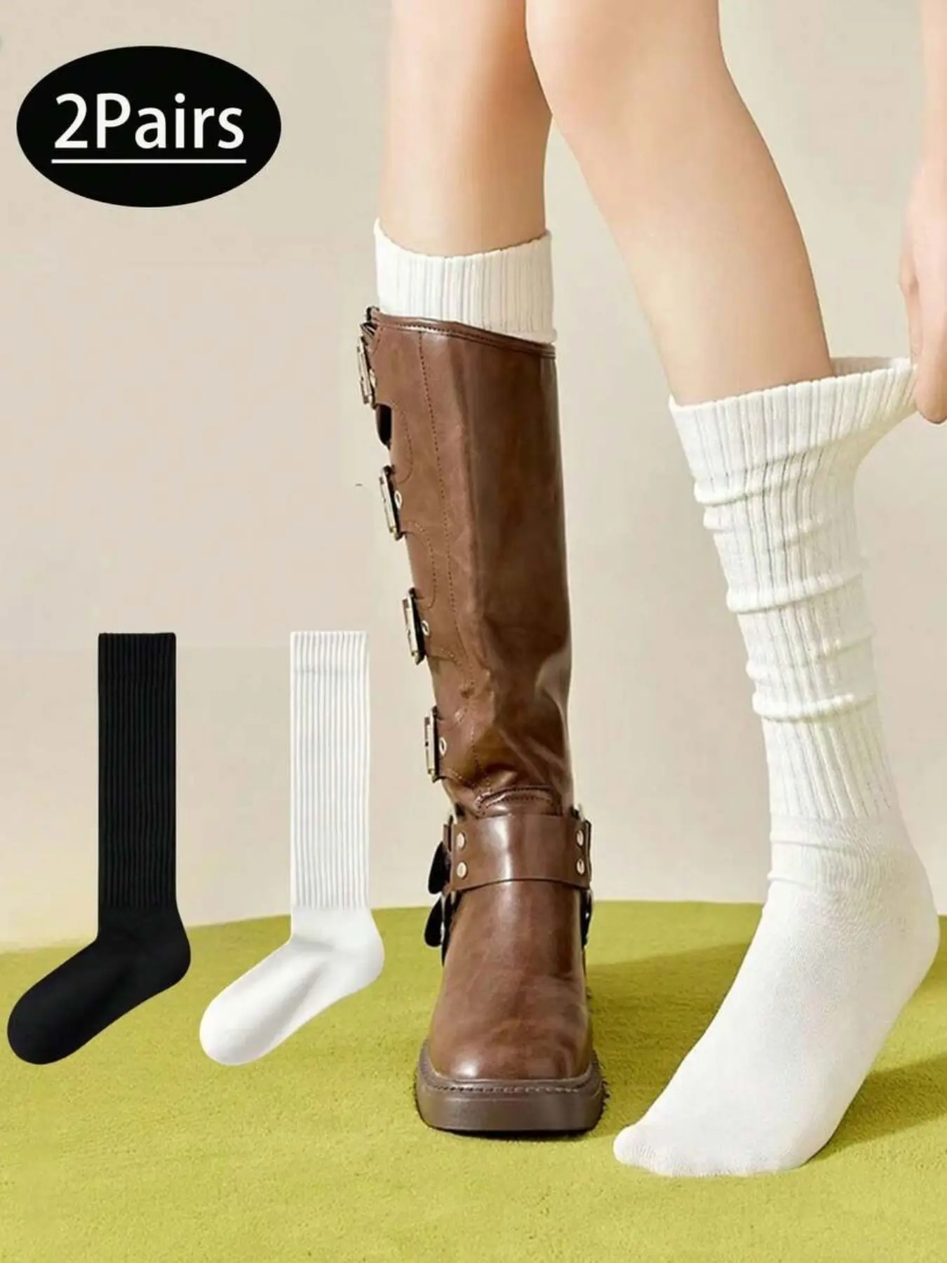 1/2 Double Pack Women's Black and White Simple Chic Slimming Thigh Socks, Warm Long Socks, Suitable for Daily Wear with Leather Shoes, Perfect for Holiday Gifts, Christmas Presents