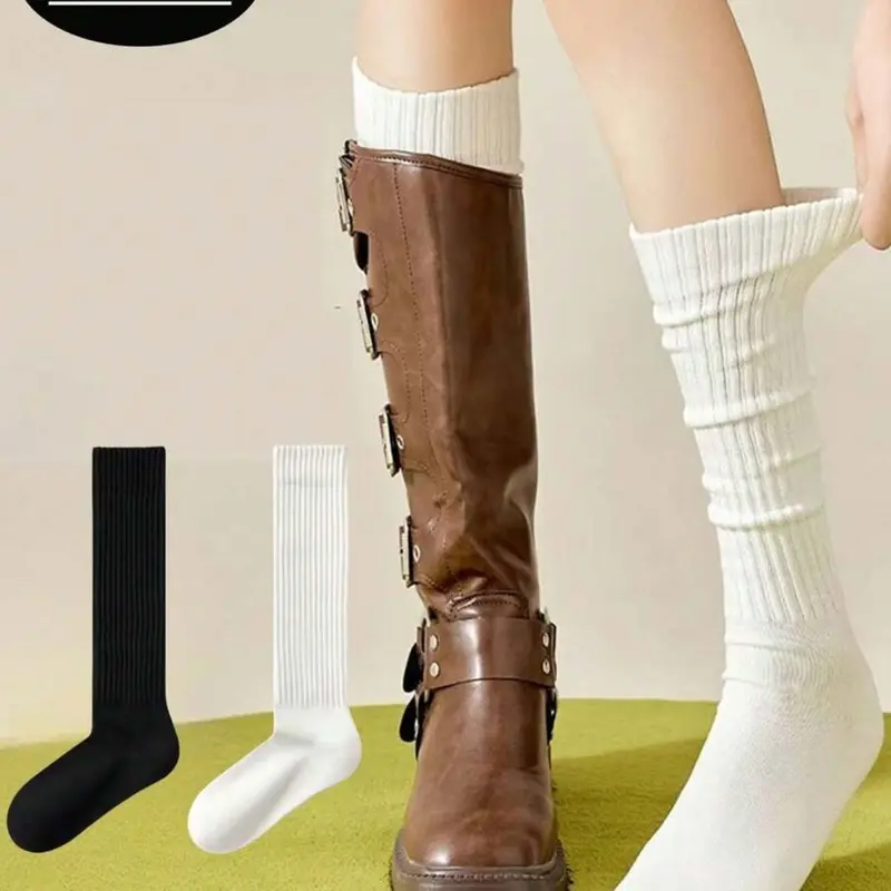 1/2 Pack Women's Black & White Simple Slimming Knee High Socks, Warm Long Socks, Ideal for Daily Wear with Leather Shoes, Perfect for Holiday Gifts
