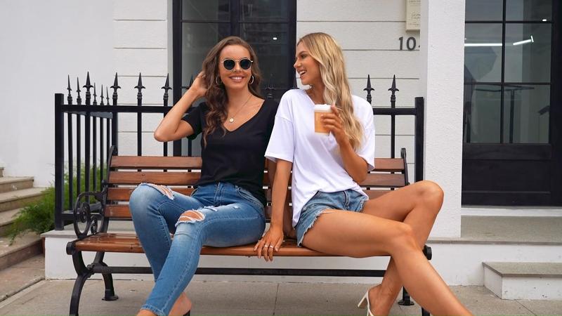 Imily Bela Women Fashion V-Neck Half Sleeves Oversized T Shirt Solid Casual Loose Basic Tops Fabric Summer Womenswear Lightweight Necklace Skinny Style Comfort Streetwear Spandex