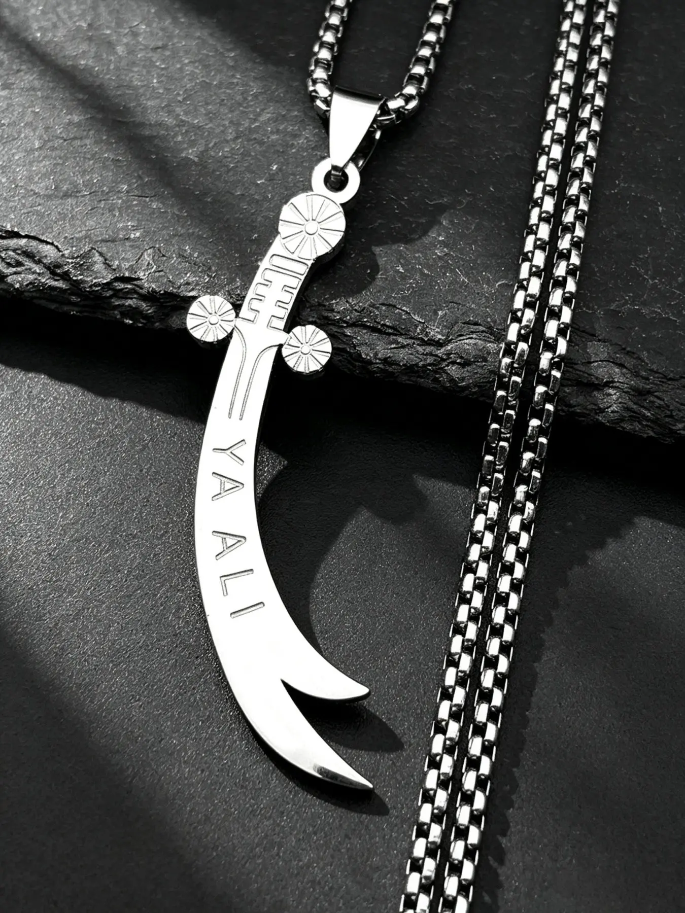 YA ALI Islamic Imam Ali Zulfiqar Sword Pendant Necklace for Women Men Stainless Steel Gold Color Amulet Arabic Chain Jewelry